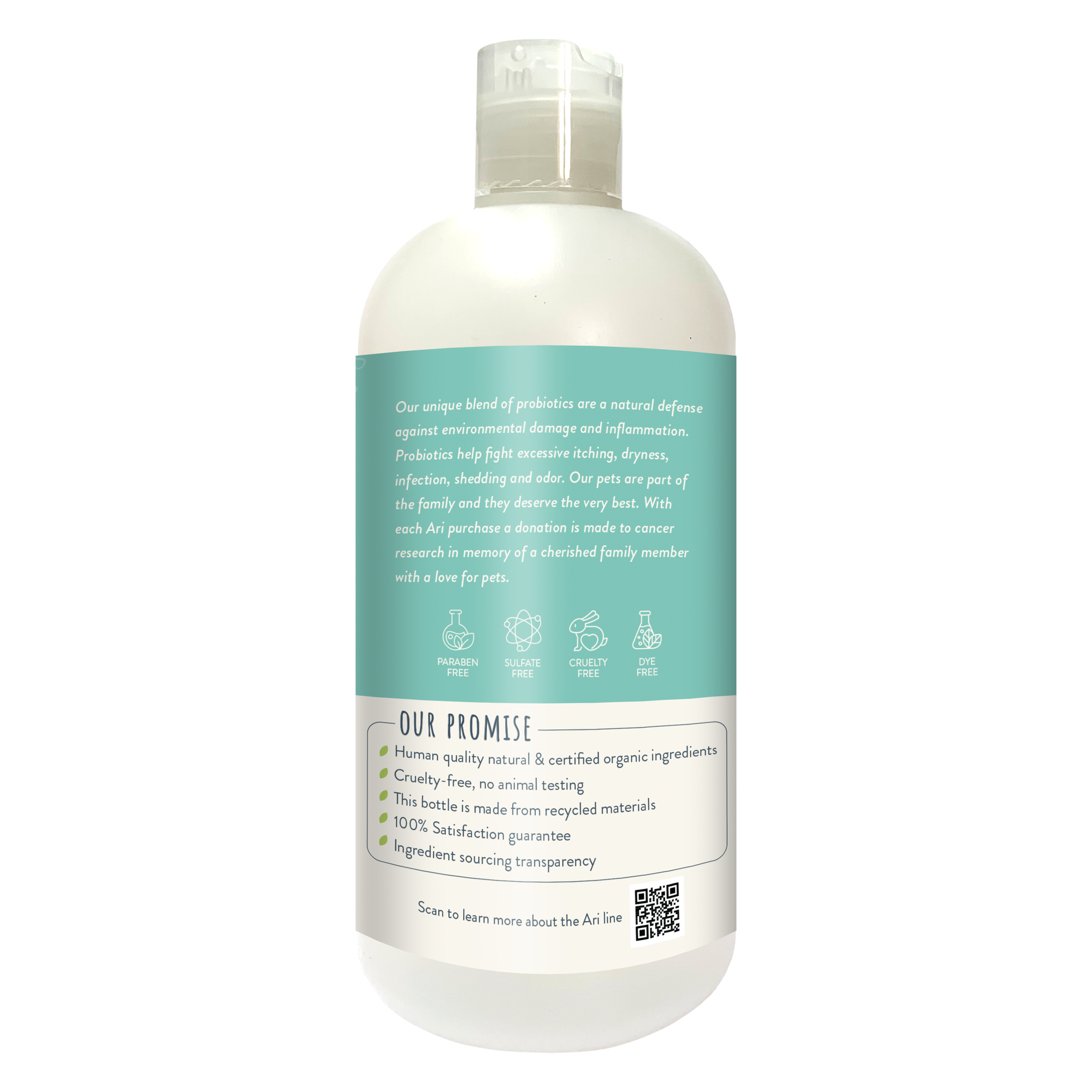 A 16 fl oz bottle of Health Extension ARI Probiotic 2 in 1 Shampoo + Conditioner for dogs in teal and white, features green tea and mandarin, with natural conditioner benefits and leaf illustrations.