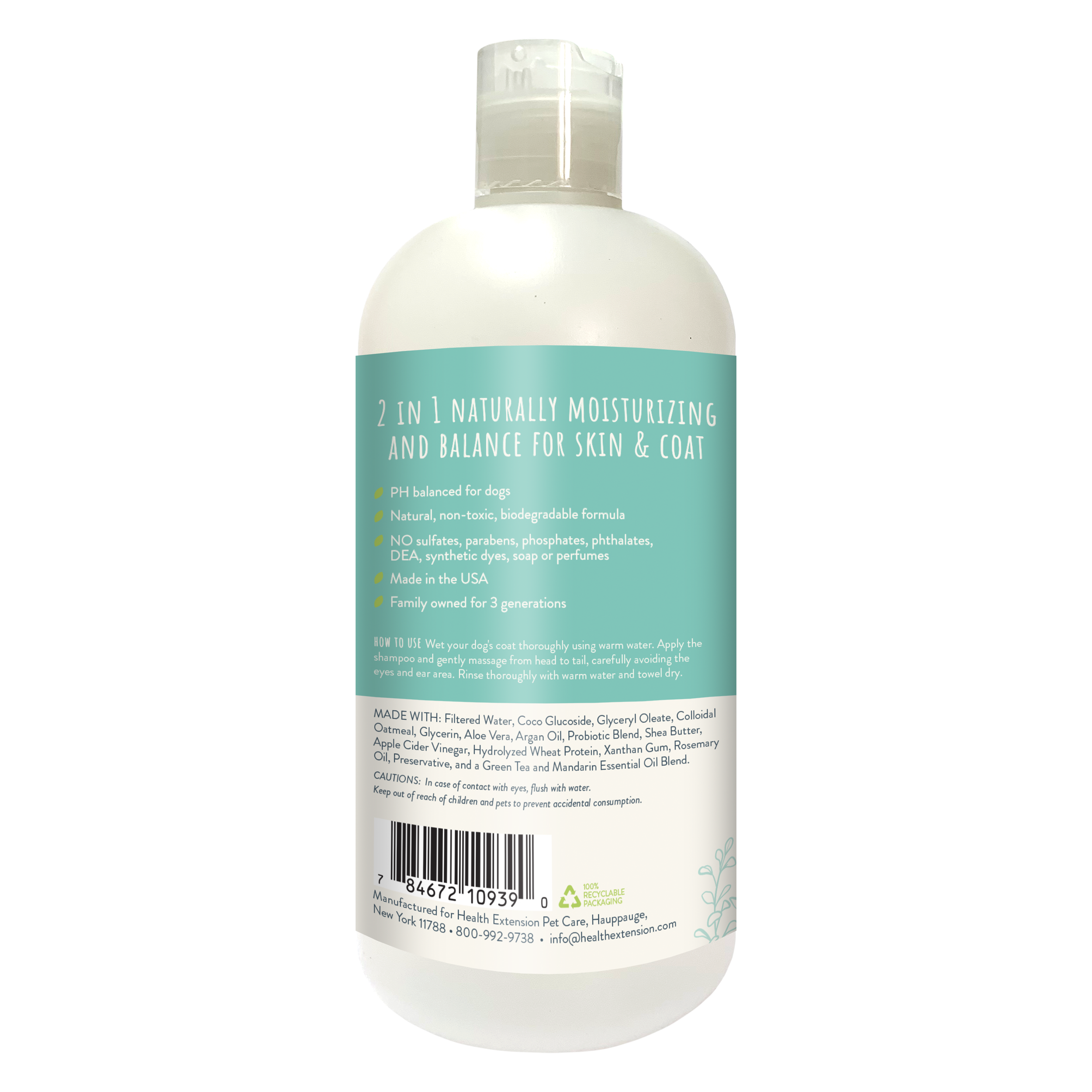 A 16 fl oz bottle of Health Extension ARI Probiotic 2 in 1 Shampoo + Conditioner for dogs in teal and white, features green tea and mandarin, with natural conditioner benefits and leaf illustrations.