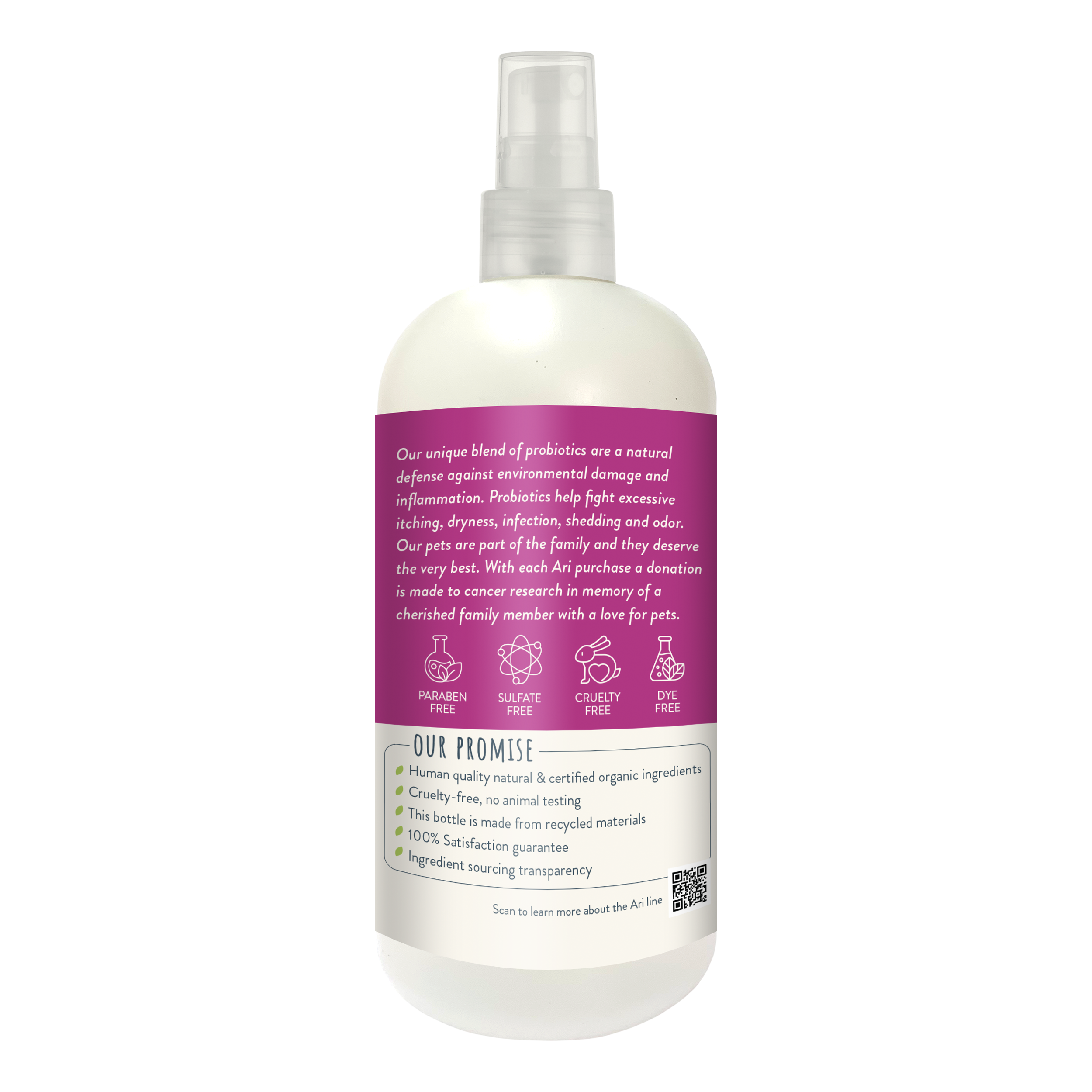 An 8 fl oz (236 mL) white spray bottle of ARI Probiotic Anti-Itch Spray by Health Extension, made with aloe and tea tree for soothing, refreshing natural dog skin care.