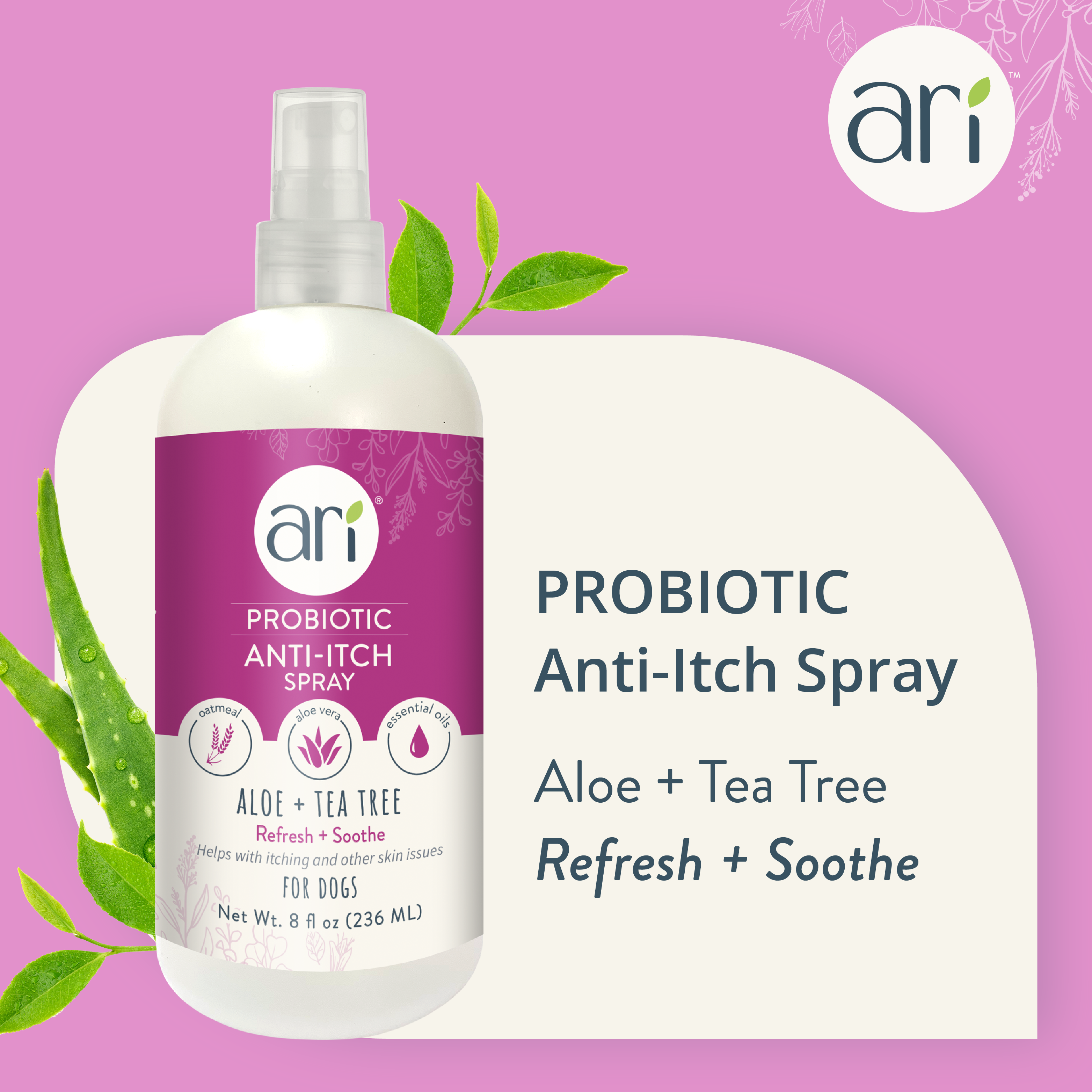 An 8 fl oz (236 mL) white spray bottle of ARI Probiotic Anti-Itch Spray by Health Extension, made with aloe and tea tree for soothing, refreshing natural dog skin care.