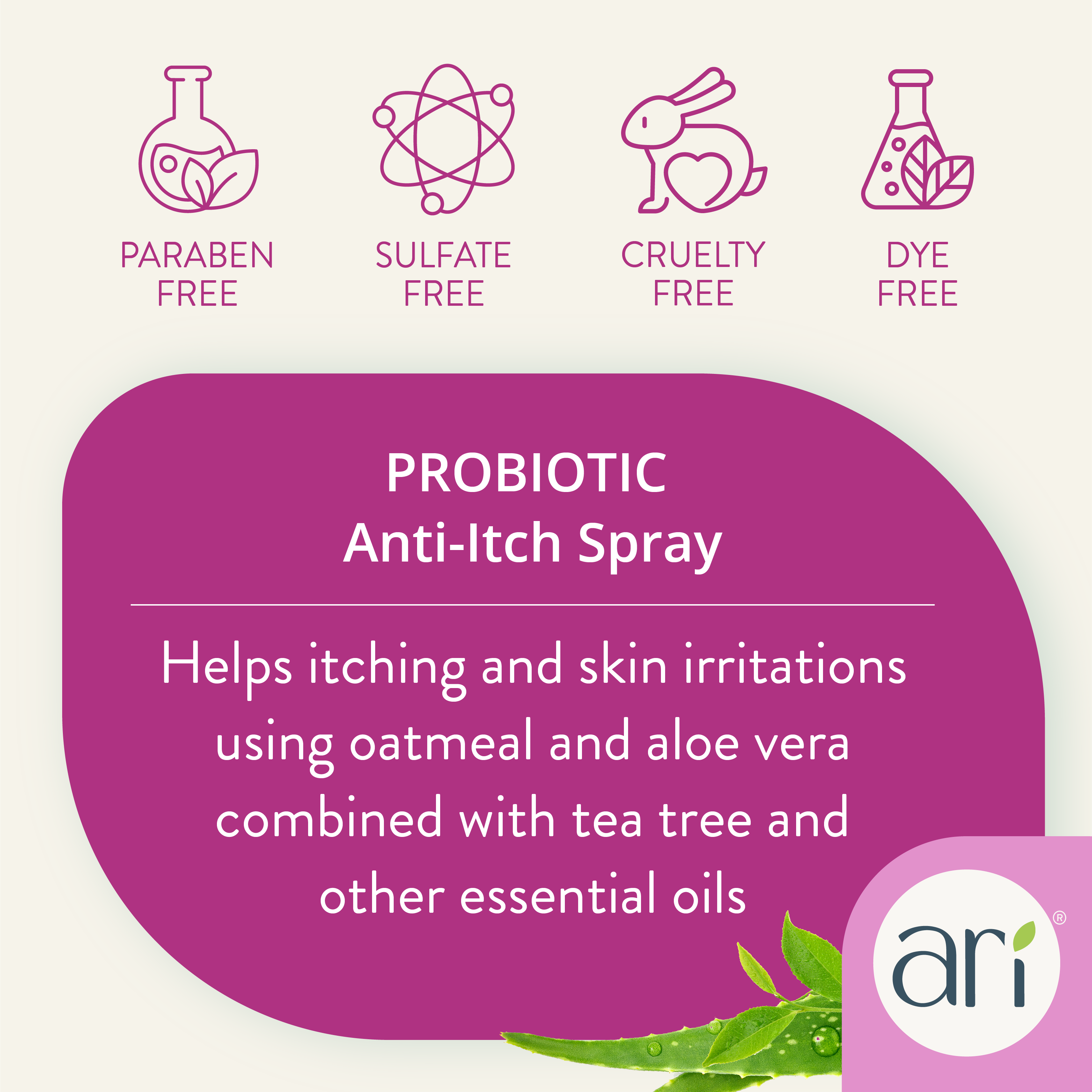 An 8 fl oz (236 mL) white spray bottle of ARI Probiotic Anti-Itch Spray by Health Extension, made with aloe and tea tree for soothing, refreshing natural dog skin care.