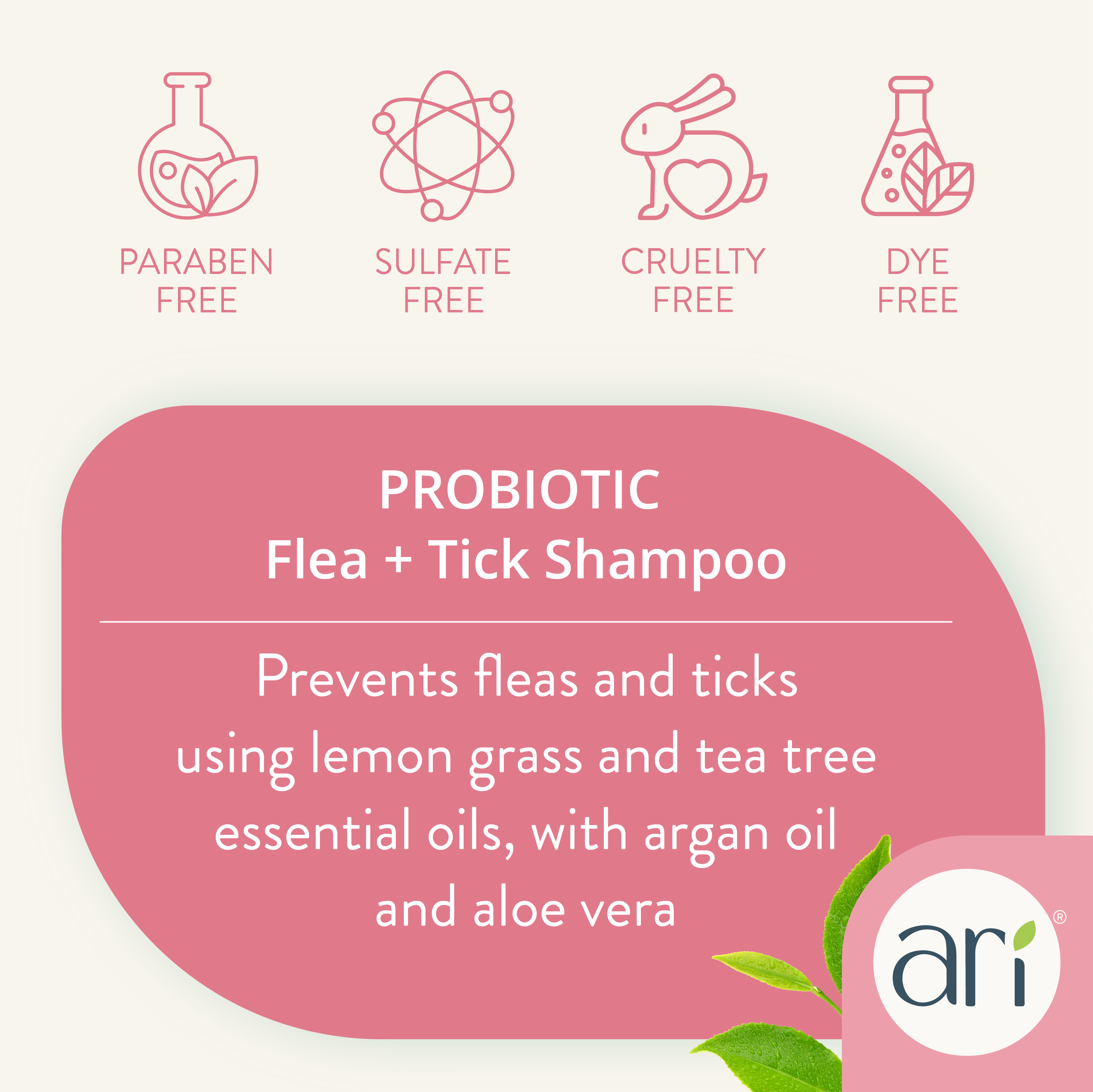 A bottle of Health Extension ARI Probiotic Flea & Tick Shampoo, with a pink and white label, uses natural ingredients to help repel and prevent fleas and ticks.
