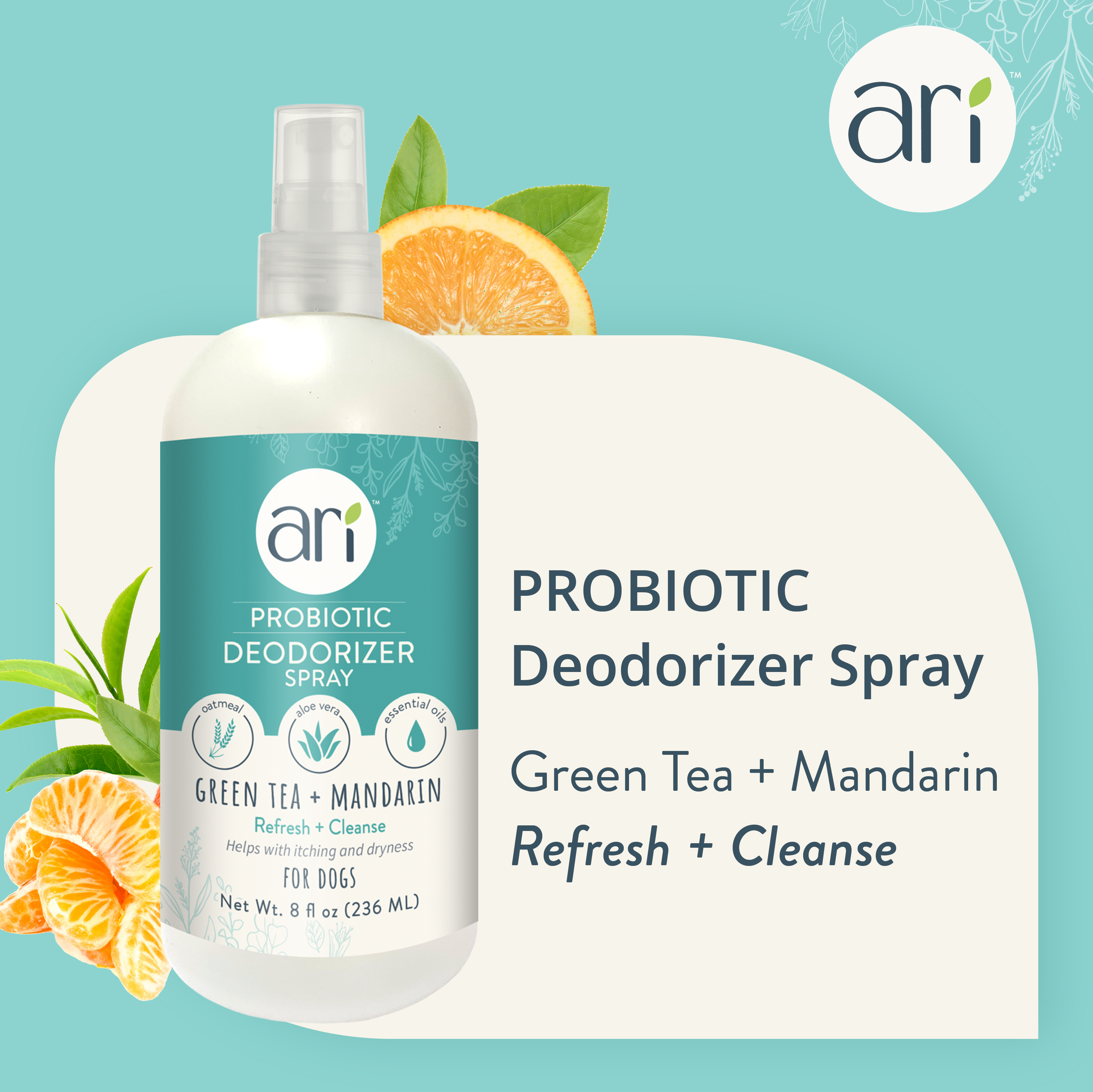 A white spray bottle of Health Extension ARI Probiotic Deodorizer Spray – GREEN TEA + MANDARIN for dogs, 8 fl oz (236 mL), features a teal and white label with leaf designs and cruelty-free pet grooming details.