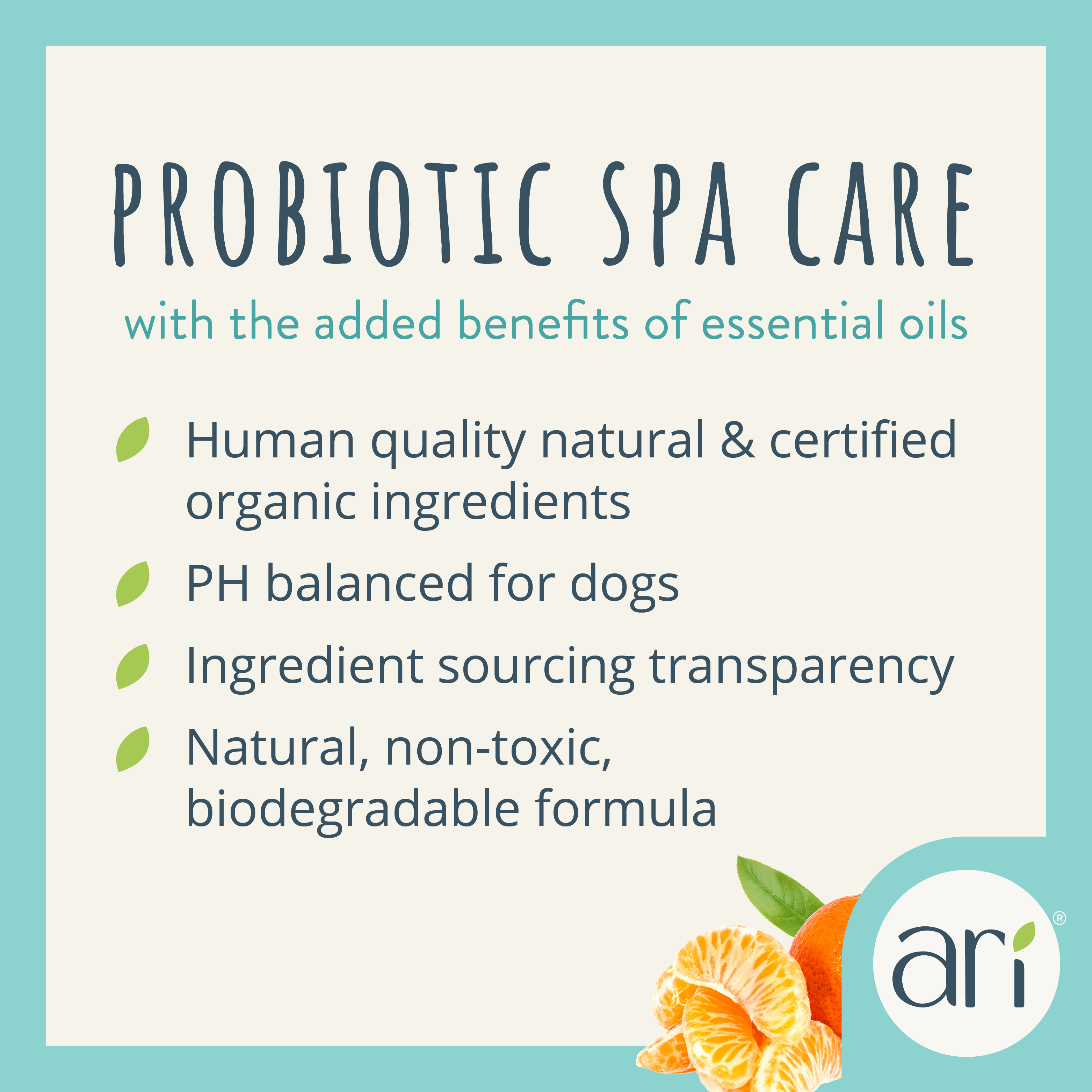 A white spray bottle of Health Extension ARI Probiotic Deodorizer Spray – GREEN TEA + MANDARIN for dogs, 8 fl oz (236 mL), features a teal and white label with leaf designs and cruelty-free pet grooming details.