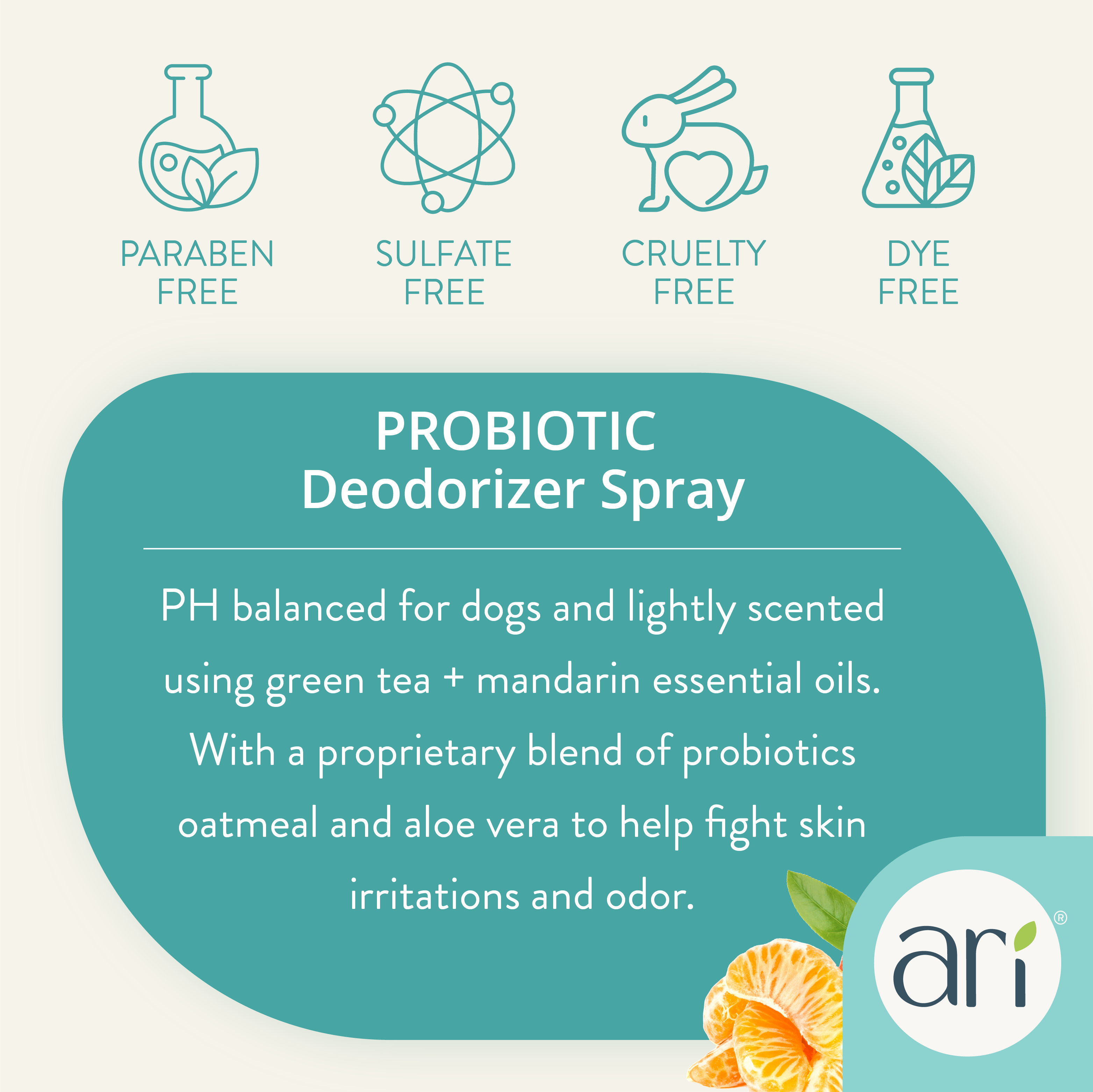 A white spray bottle of Health Extension ARI Probiotic Deodorizer Spray – GREEN TEA + MANDARIN for dogs, 8 fl oz (236 mL), features a teal and white label with leaf designs and cruelty-free pet grooming details.