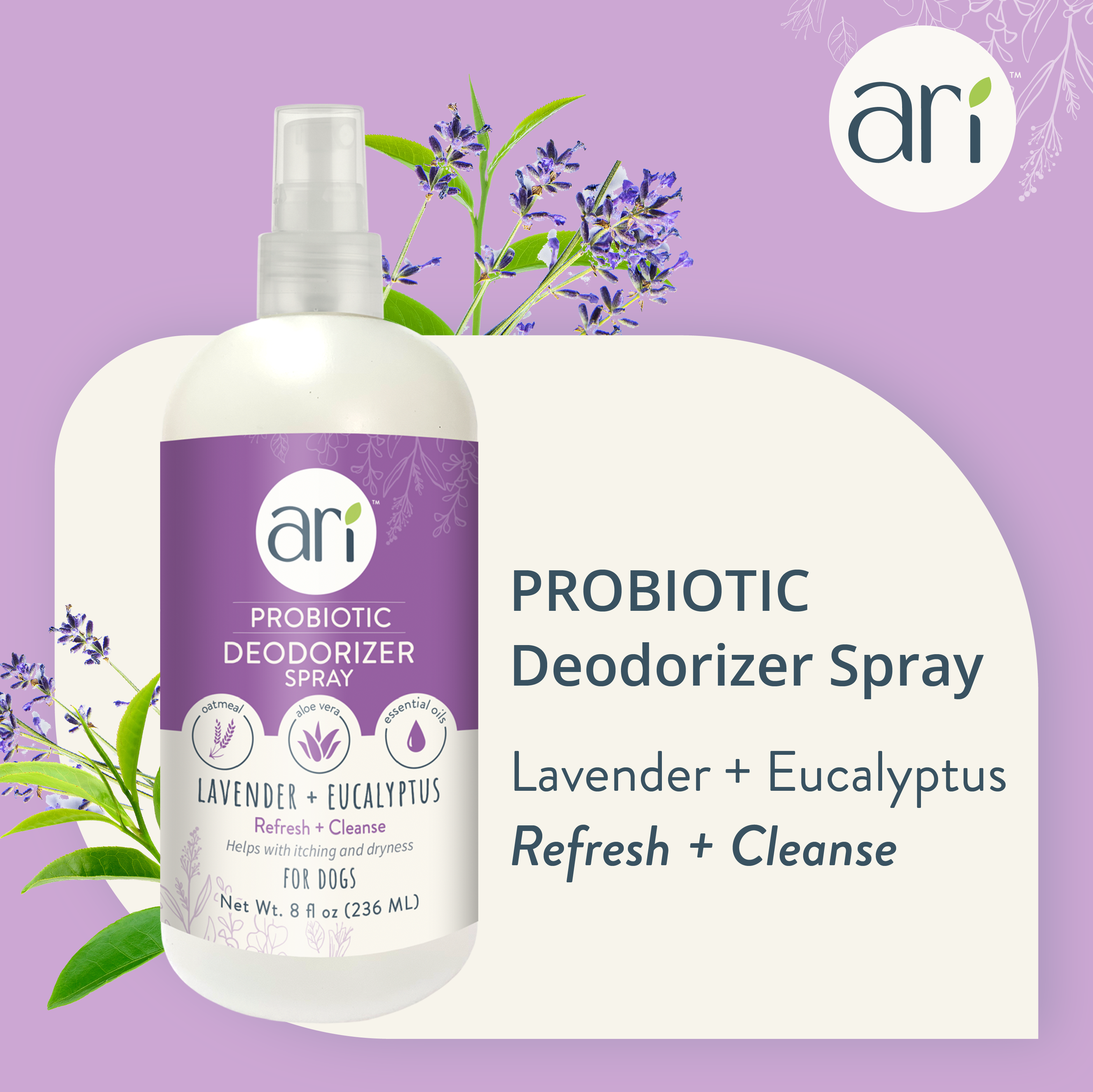 A white spray bottle with a purple label reads “Health Extension ARI Probiotic Deodorizer Spray – LAVENDER + EUCALYPTUS, For Dogs, 8 fl oz (236 mL),” showcasing icons and text about all-natural refreshing and cleansing for dogs.