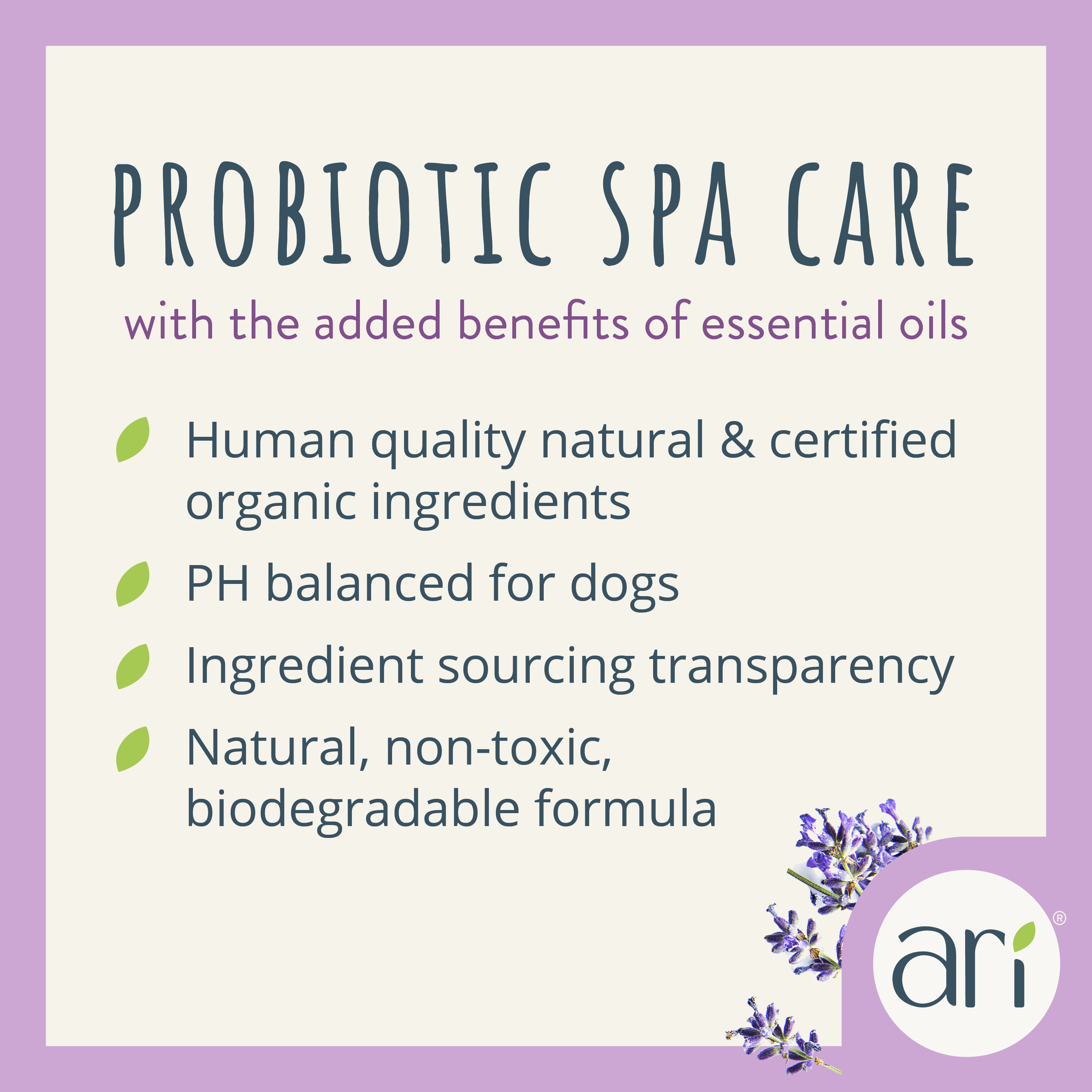 A white spray bottle with a purple label reads “Health Extension ARI Probiotic Deodorizer Spray – LAVENDER + EUCALYPTUS, For Dogs, 8 fl oz (236 mL),” showcasing icons and text about all-natural refreshing and cleansing for dogs.