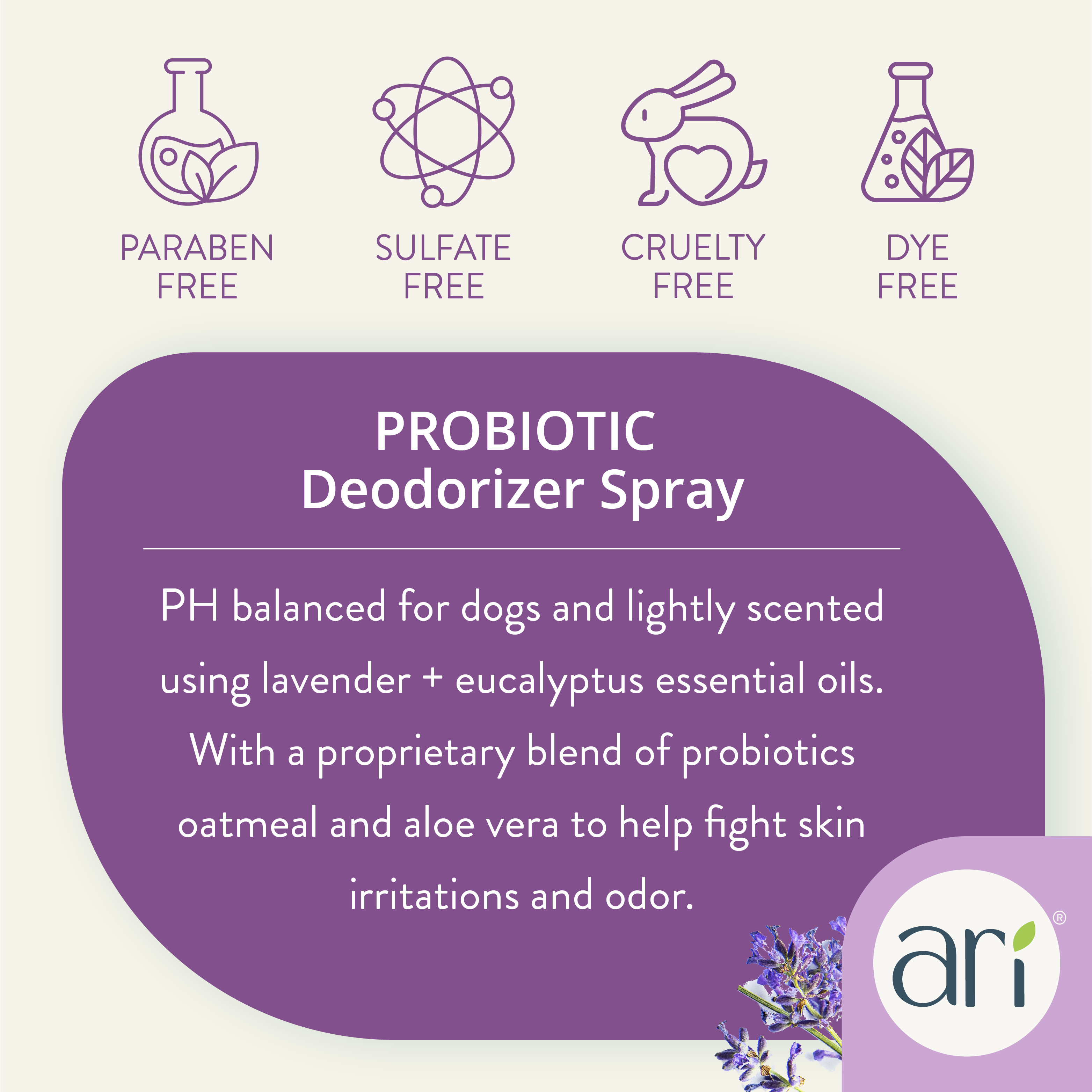 A white spray bottle with a purple label reads “Health Extension ARI Probiotic Deodorizer Spray – LAVENDER + EUCALYPTUS, For Dogs, 8 fl oz (236 mL),” showcasing icons and text about all-natural refreshing and cleansing for dogs.