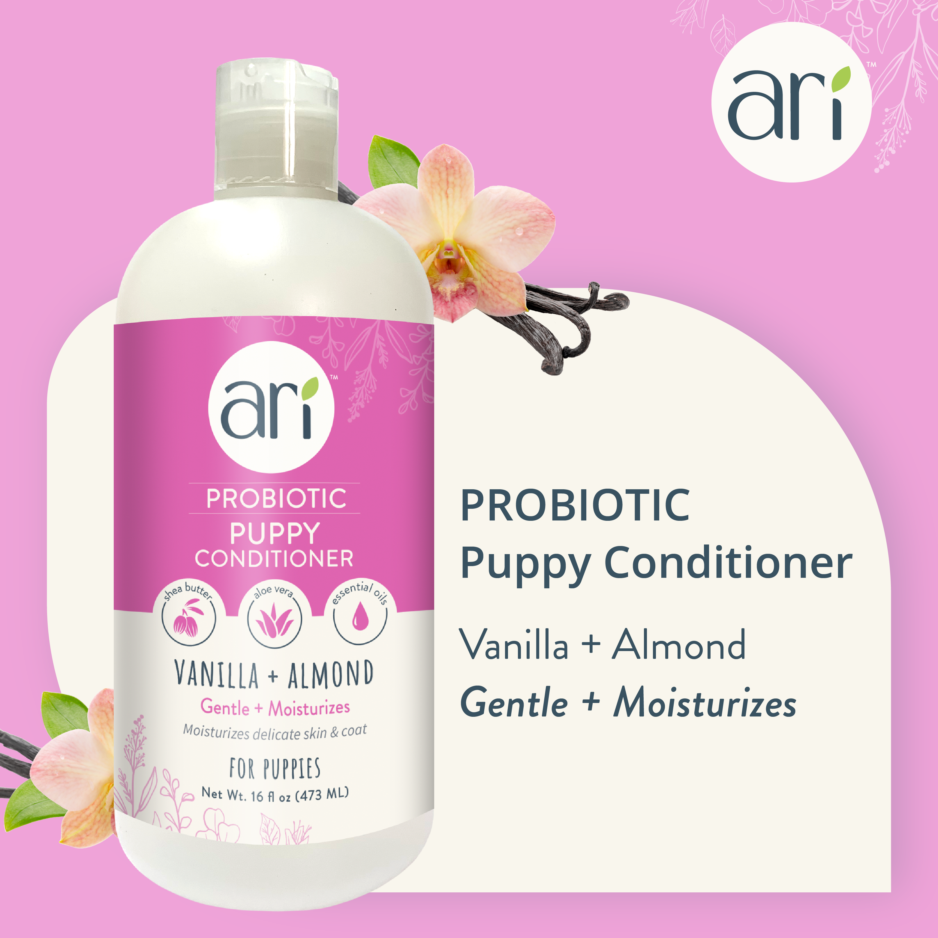 A 16 fl oz bottle of Health Extension ARI Probiotic Puppy Conditioner, vanilla + almond scent. This all-natural, pH-balanced puppy conditioner gently moisturizes and is ideal for puppies with delicate skin and coats.
