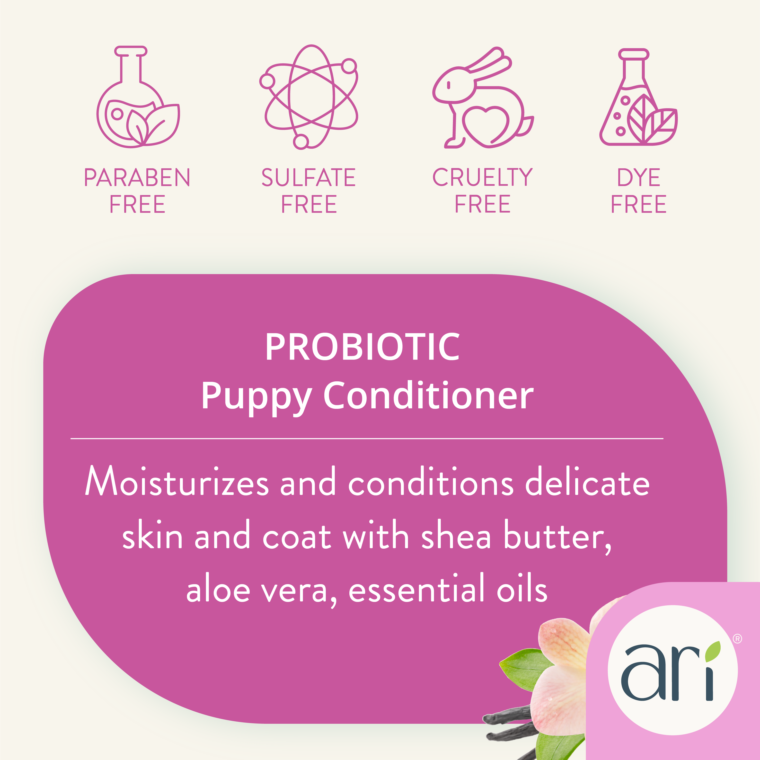 A 16 fl oz bottle of Health Extension ARI Probiotic Puppy Conditioner, vanilla + almond scent. This all-natural, pH-balanced puppy conditioner gently moisturizes and is ideal for puppies with delicate skin and coats.