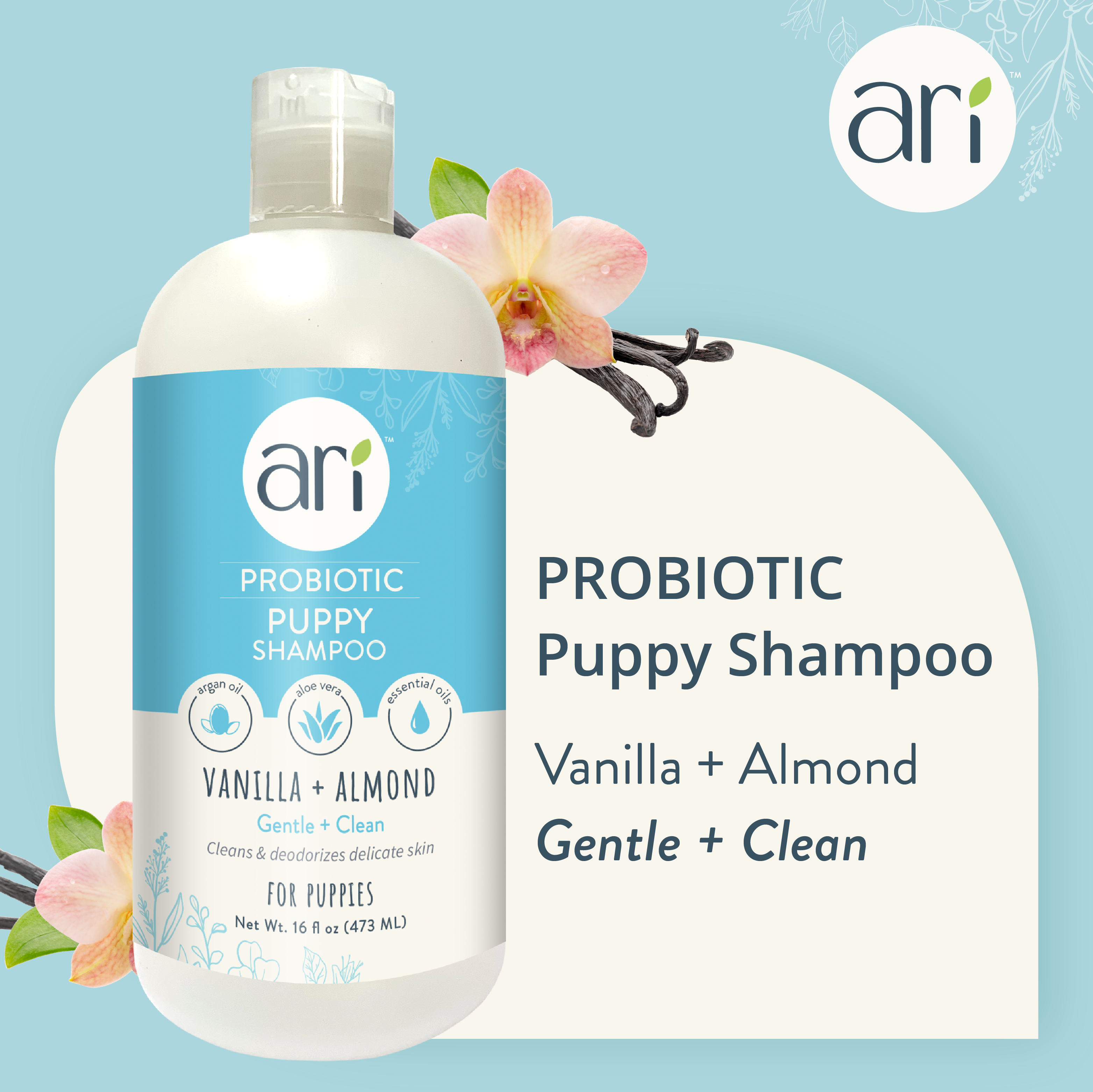 A 16 fl oz (473 mL) bottle of Health Extension ARI Probiotic Puppy Shampoo in Vanilla + Almond scent for puppies. The blue and white label features aloe vera, oatmeal, and a puppy illustration.
