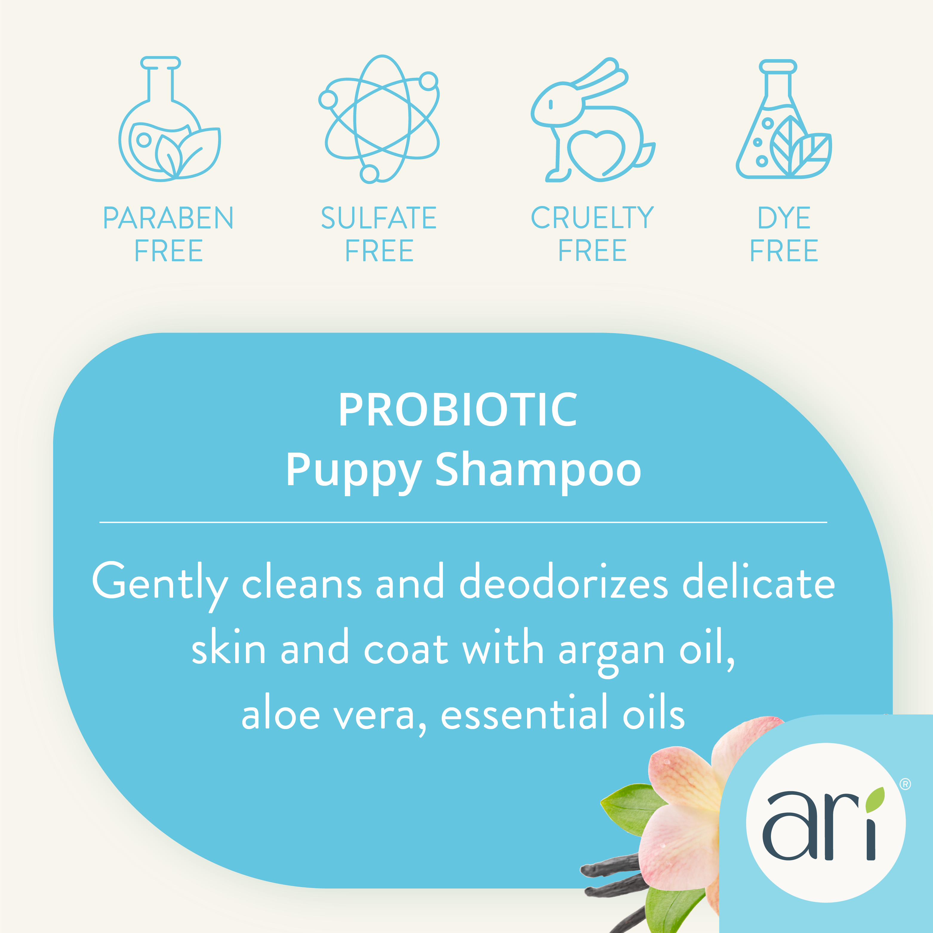 A 16 fl oz (473 mL) bottle of Health Extension ARI Probiotic Puppy Shampoo in Vanilla + Almond scent for puppies. The blue and white label features aloe vera, oatmeal, and a puppy illustration.