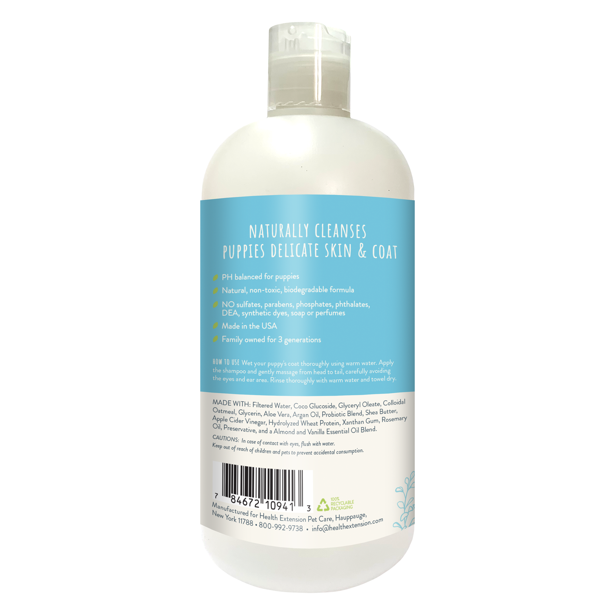 A 16 fl oz (473 mL) bottle of Health Extension ARI Probiotic Puppy Shampoo in Vanilla + Almond scent for puppies. The blue and white label features aloe vera, oatmeal, and a puppy illustration.
