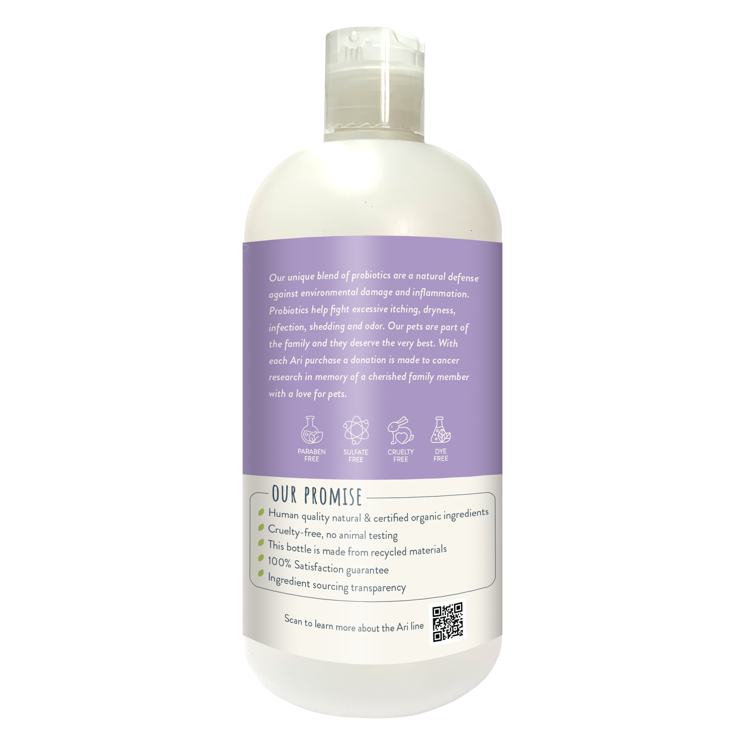 Health Extension ARI Probiotic Sensitive Skin Shampoo for dogs is an all-natural, soothing, and moisturizing formula with lavender and eucalyptus in a 16 oz (473 ml) bottle featuring a purple and white label with plant illustrations.