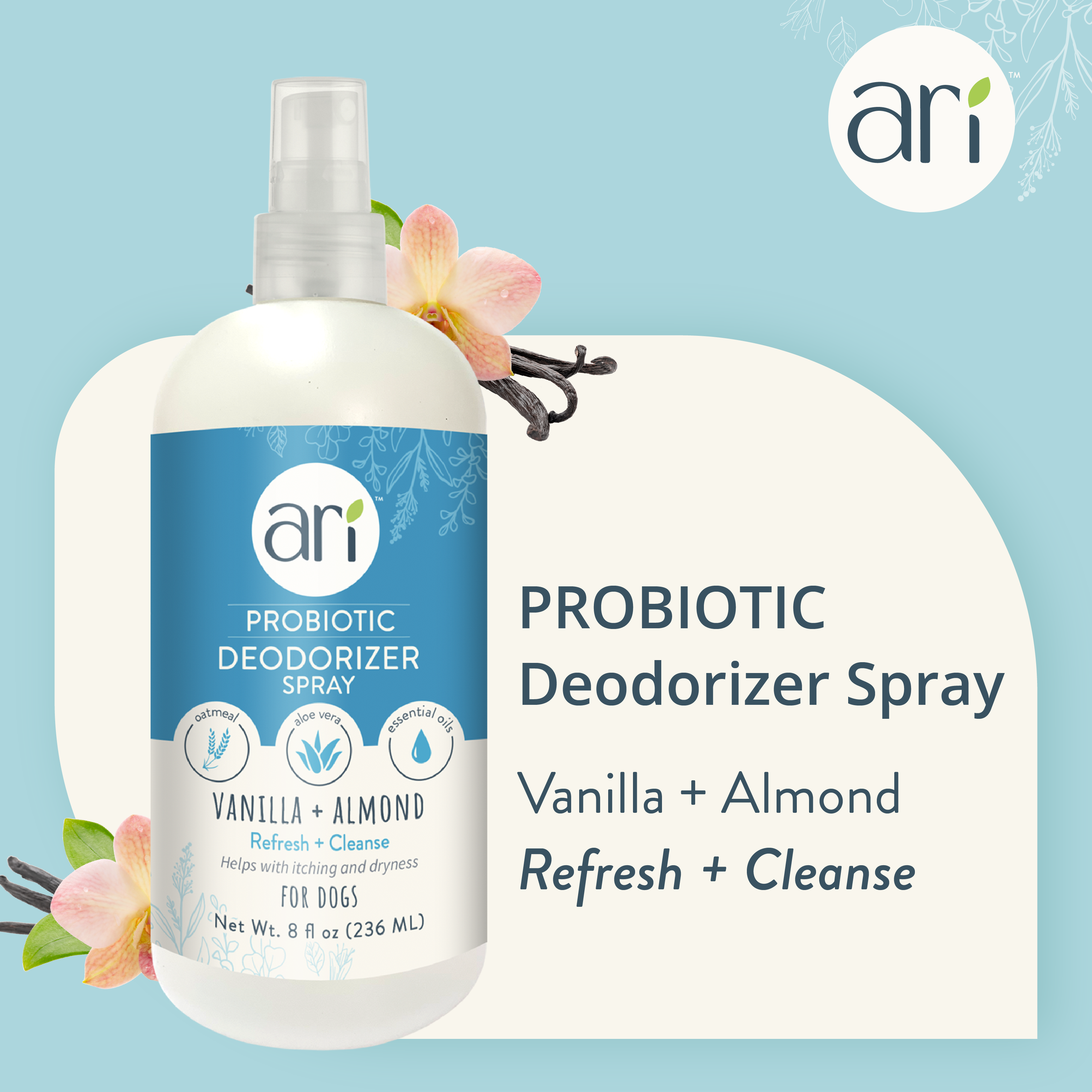A white spray bottle labeled Health Extension ARI Probiotic Deodorizer Spray – VANILLA + ALMOND for dogs, in a blue and cream design, refreshes, cleanses, and provides itch relief. Net weight: 8 fl oz (236 ml).