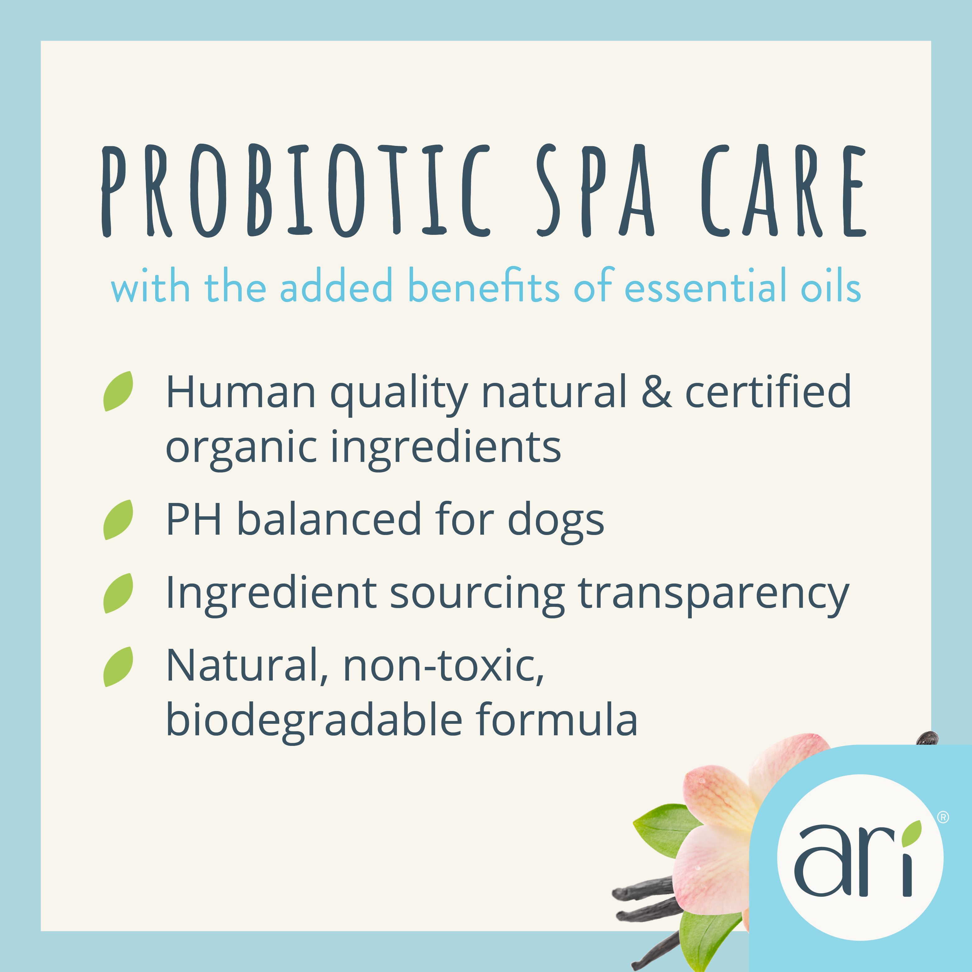 A white spray bottle labeled Health Extension ARI Probiotic Deodorizer Spray – VANILLA + ALMOND for dogs, in a blue and cream design, refreshes, cleanses, and provides itch relief. Net weight: 8 fl oz (236 ml).