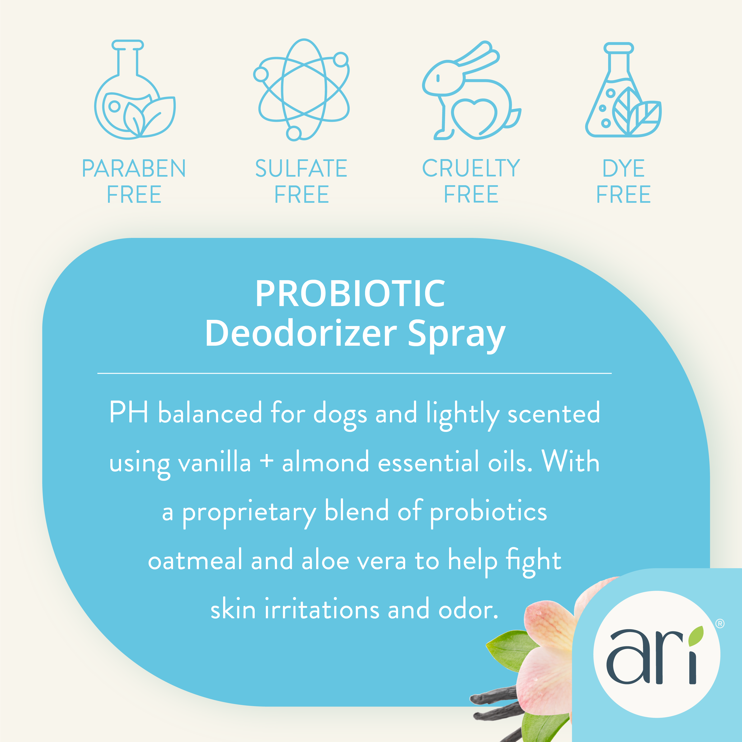 A white spray bottle labeled Health Extension ARI Probiotic Deodorizer Spray – VANILLA + ALMOND for dogs, in a blue and cream design, refreshes, cleanses, and provides itch relief. Net weight: 8 fl oz (236 ml).