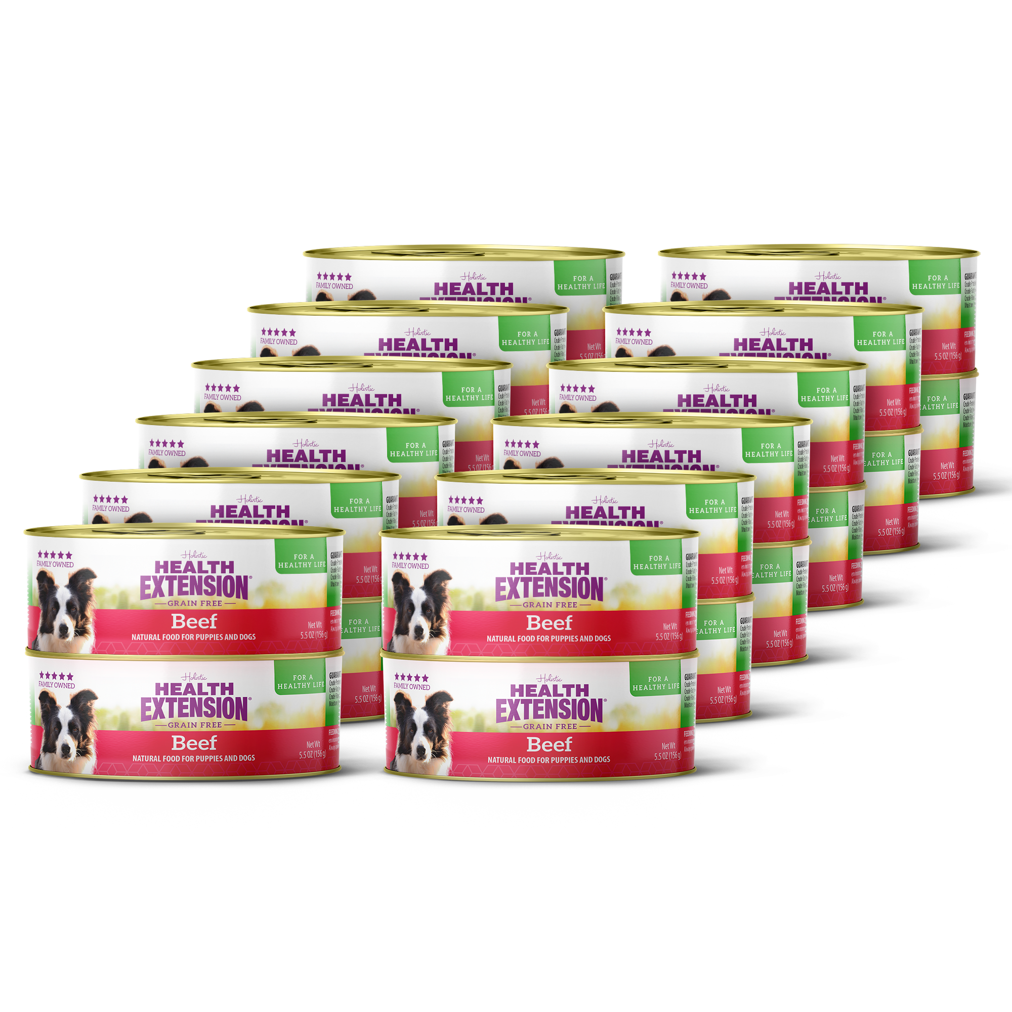 Health Extension Grain Free 95% Beef is a limited-ingredient dog food for puppies and adults, featuring a Border Collie on the label. Each 12.5 oz (354g) can makes a great topper for your dog's meal.