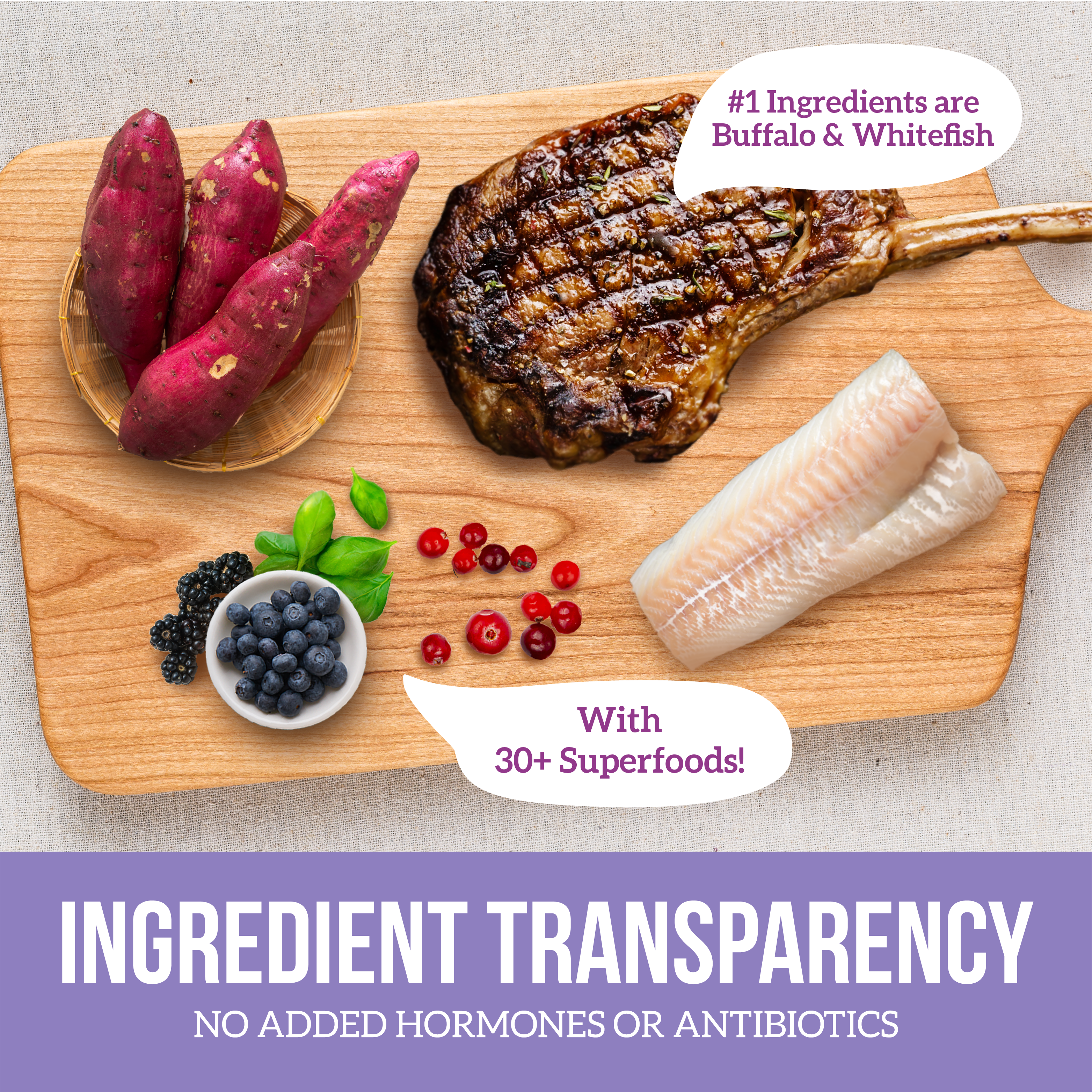 A bag of Health Extension Grain Free Buffalo, Whitefish & Sweet Potato Recipe dog food, featuring a white dog in a grassy field. This dry formula includes whole foods and is suitable for all life stages.