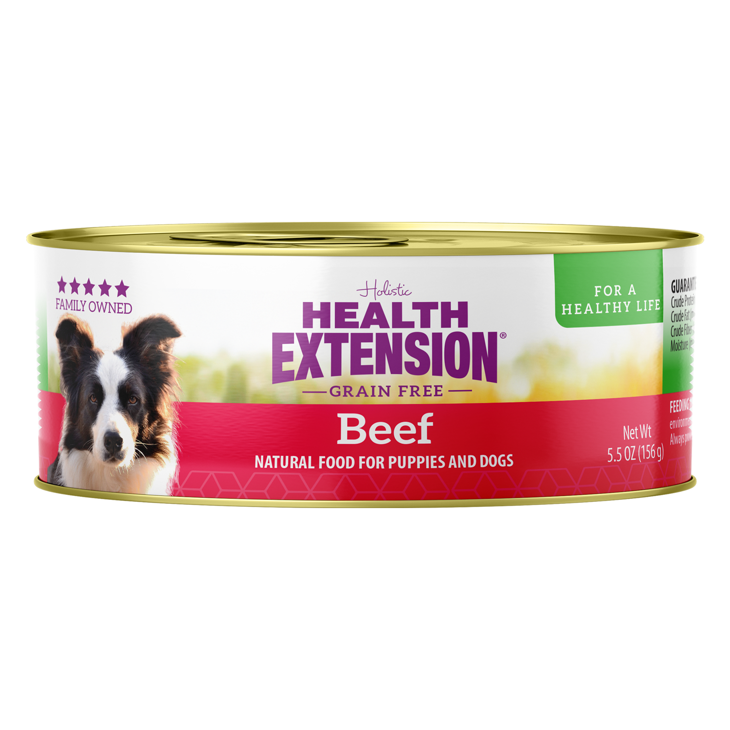 Health Extension Grain Free 95% Beef is a limited-ingredient dog food for puppies and adults, featuring a Border Collie on the label. Each 12.5 oz (354g) can makes a great topper for your dog's meal.