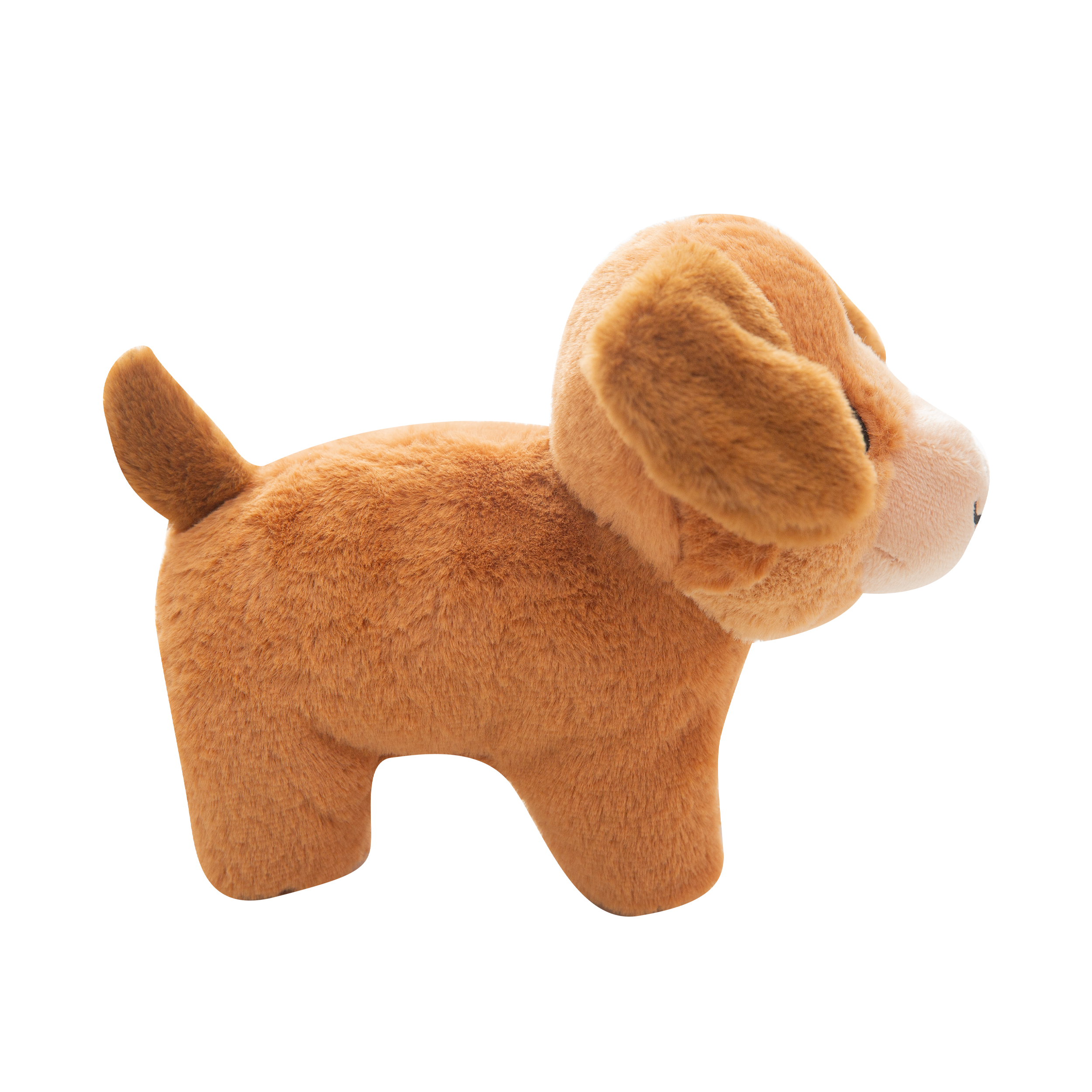 A Snugarooz "Biscuit" plush dog toy stands on all fours against a white background, featuring brown fur, green eyes, a black nose, and a small pink tongue sticking out.
