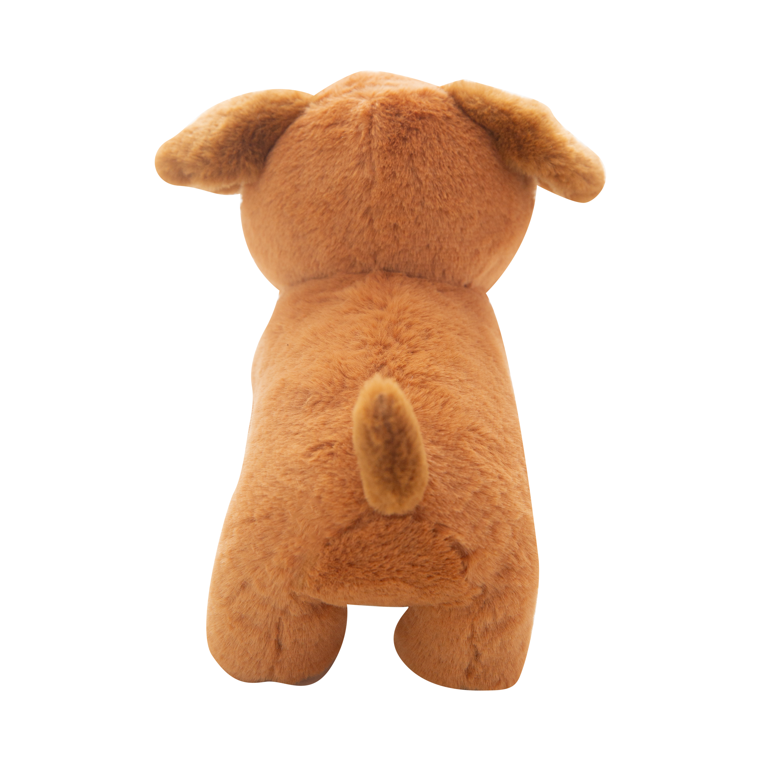 A Snugarooz "Biscuit" plush dog toy stands on all fours against a white background, featuring brown fur, green eyes, a black nose, and a small pink tongue sticking out.