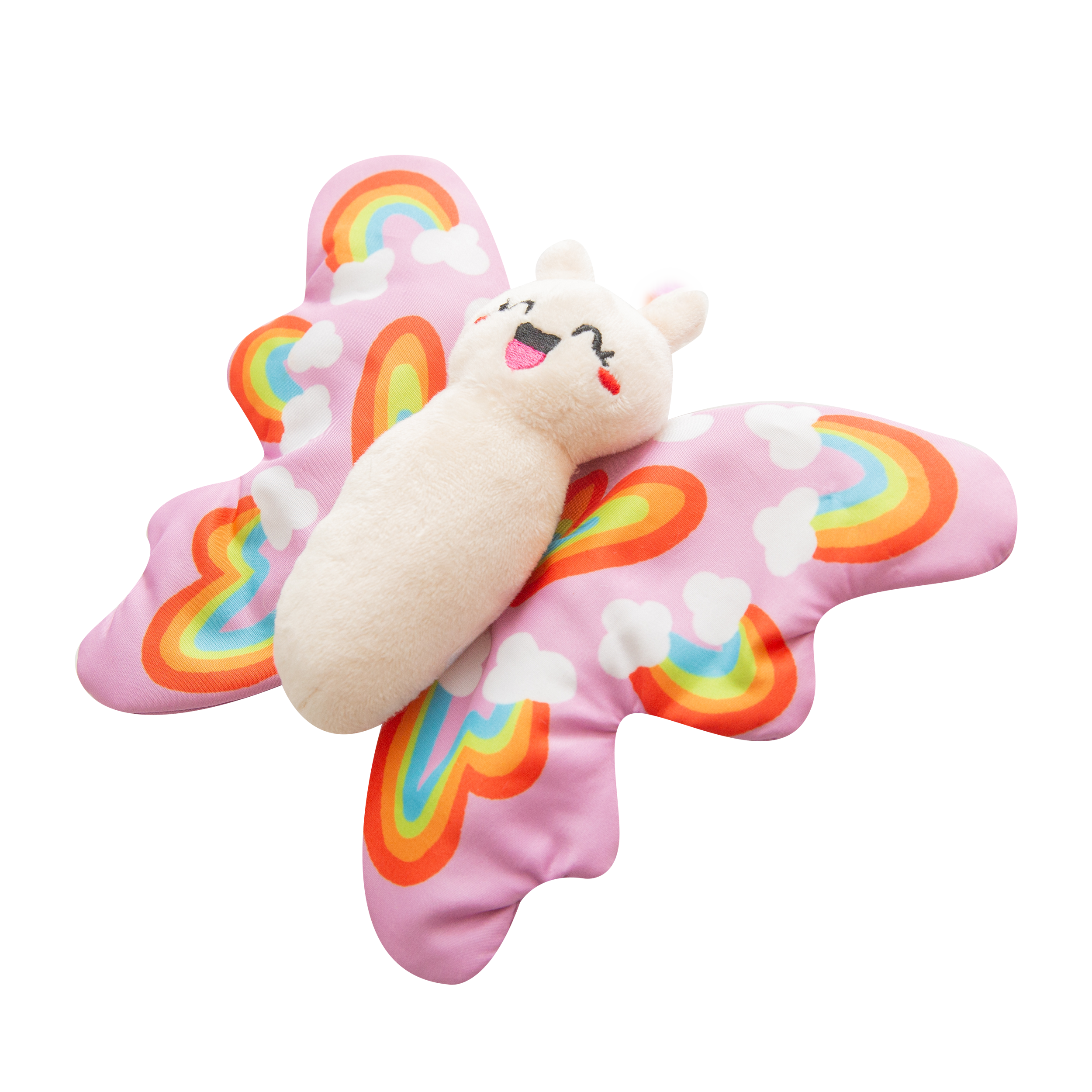 Brittany the Butterfly by Snugarooz is a plush dog toy featuring pink wings with rainbows and clouds, a smiling face, and tags that say "Crinkle Me!" and "SNUG AROOZ." Play-approved and thoughtfully designed for your pet.