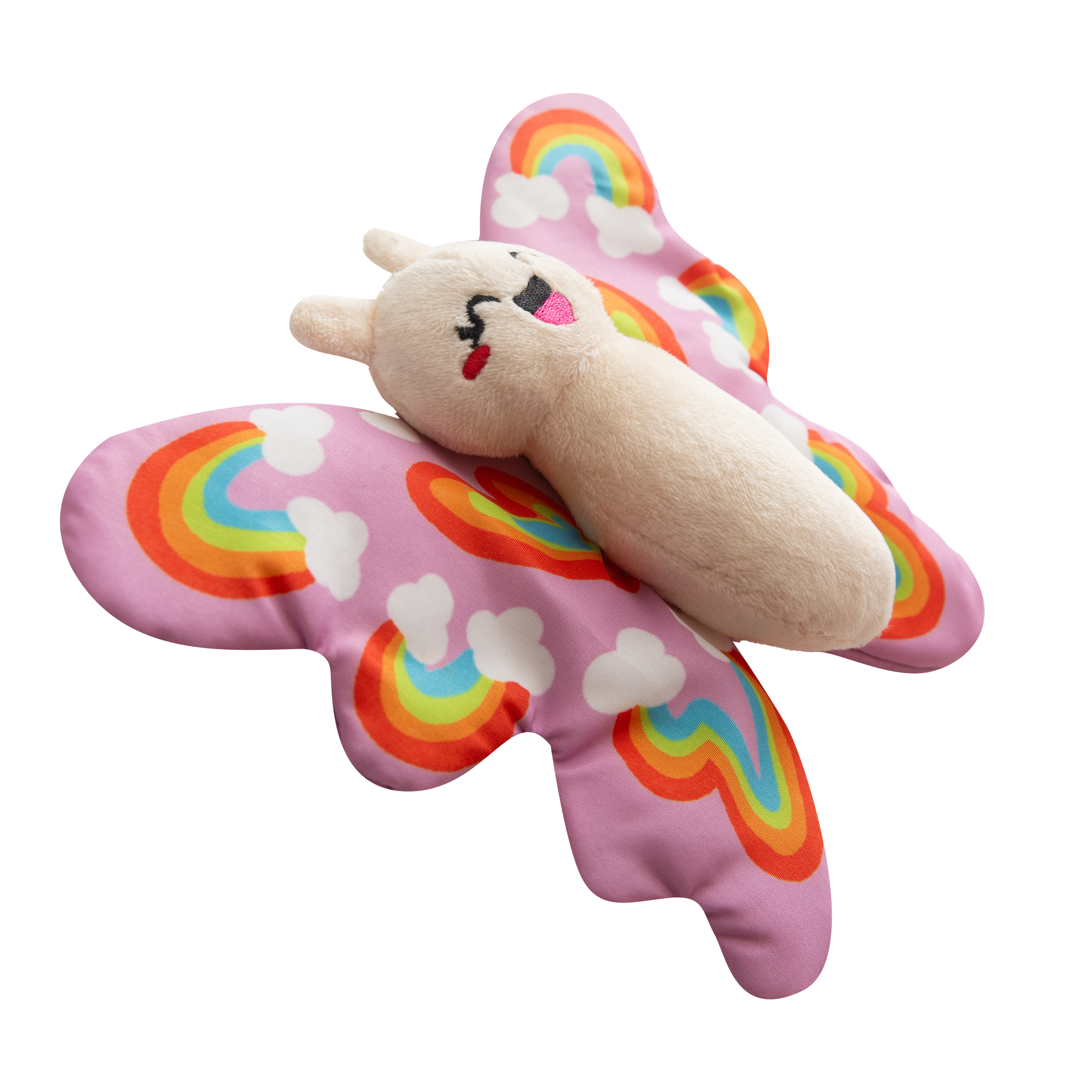 Brittany the Butterfly by Snugarooz is a plush dog toy featuring pink wings with rainbows and clouds, a smiling face, and tags that say "Crinkle Me!" and "SNUG AROOZ." Play-approved and thoughtfully designed for your pet.