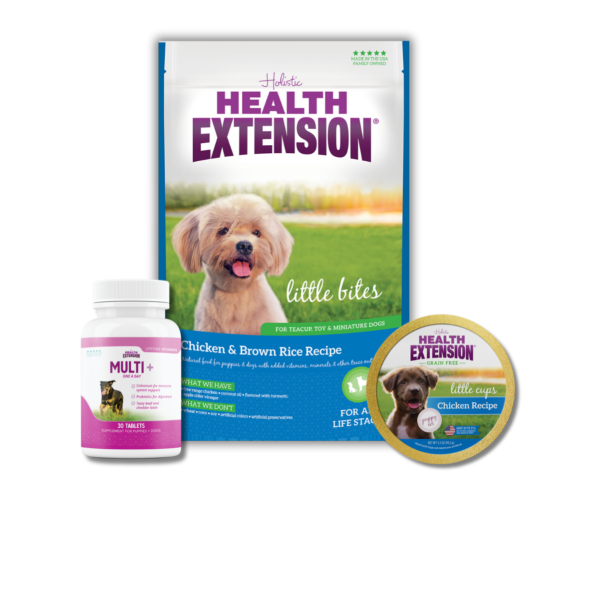 Puppy Trial Bundle for Small Breed: Bag of Health Extension Little Bites Chicken & Brown Rice Recipe,  a bottle of Health Extension Multi+ vitamins for puppies and dogs, Grain Free Little Cups for Small Breeds