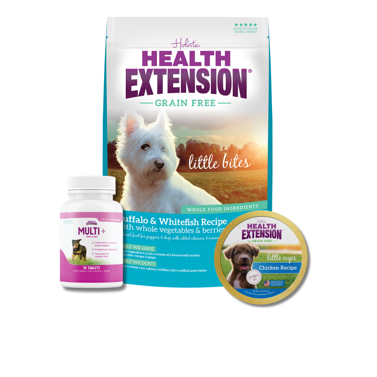 Puppy Trial Bundle for Small Breed: Bag of Health Extension Grain Free Buffalo & Whitefish Little Bites,  a bottle of Health Extension Multi+ vitamins for puppies and dogs, Grain Free Little Cups for Small Breeds