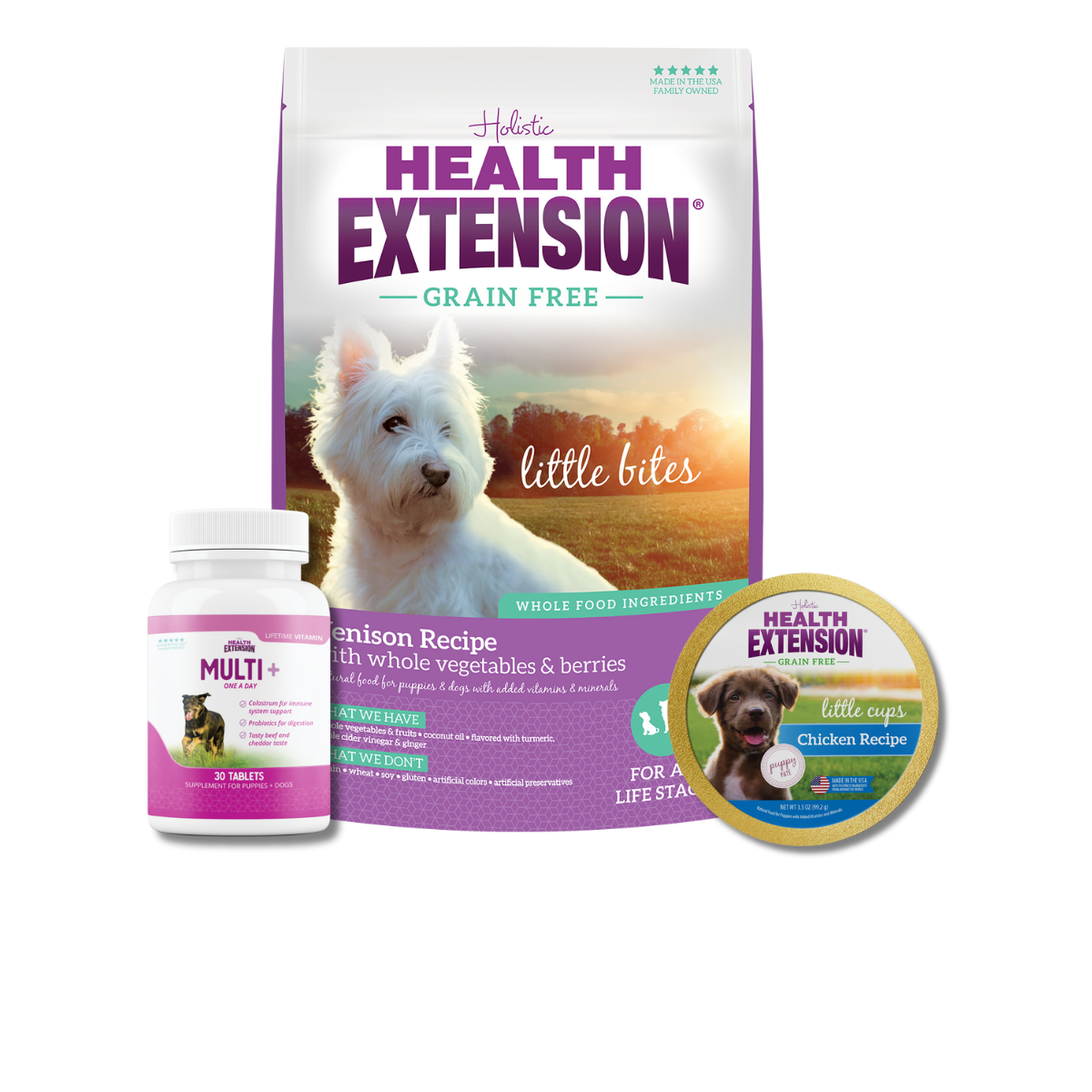 Puppy Trial Bundle for Small Breed: Bag of Health Extension Grain Free Venison Little Bites,  a bottle of Health Extension Multi+ vitamins for puppies and dogs, Grain Free Little Cups for Small Breeds