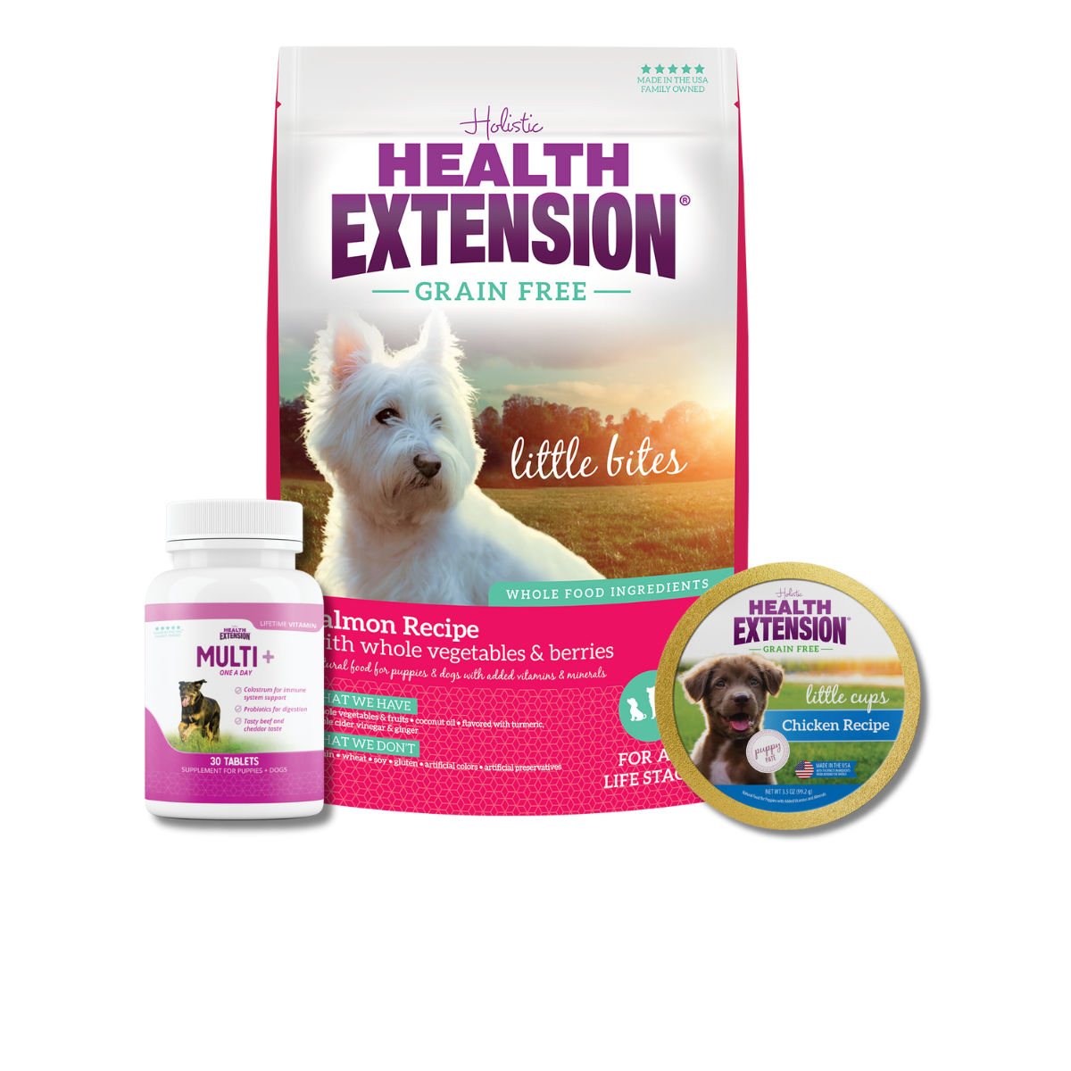 Puppy Trial Bundle for Small Breed: Bag of Health Extension Grain Free Salmon Little Bites,  a bottle of Health Extension Multi+ vitamins for puppies and dogs, Grain Free Little Cups for Small Breeds