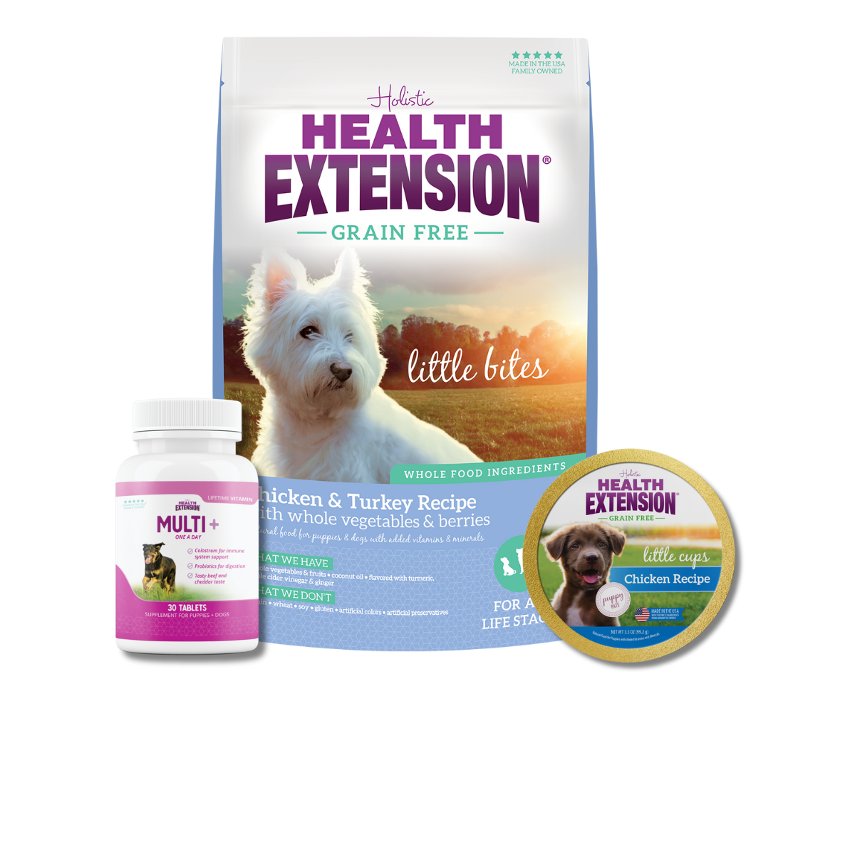 Puppy Trial Bundle for Small Breed: Bag of Health Extension Grain Free Chicken & Turkey Little Bites,  a bottle of Health Extension Multi+ vitamins for puppies and dogs, Grain Free Little Cups for Small Breeds