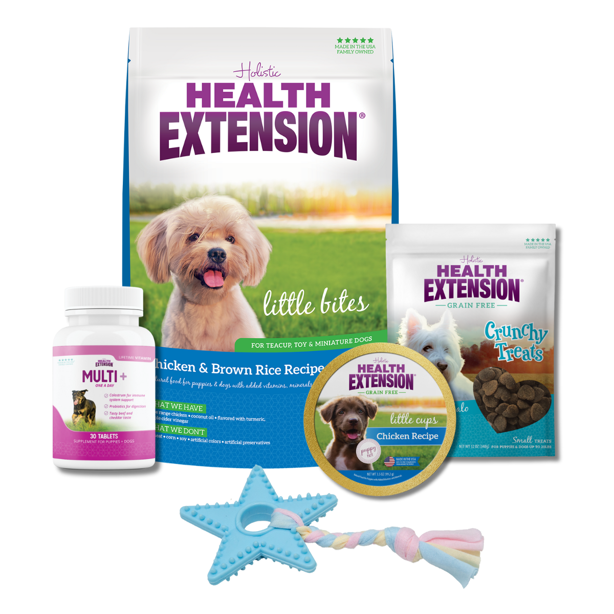 Complete Puppy Bundle: Bag of Health Extension Little Bites Chicken & Brown Rice Recipe and variety of other dog products, including food, treats, toys, and supplements.