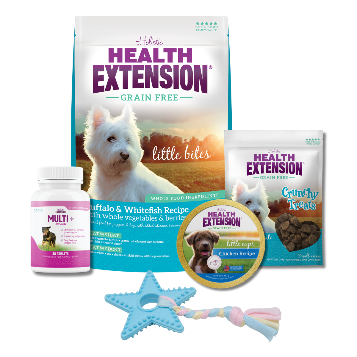 Complete Puppy Bundle: Bag of Health Extension Grain Free Buffalo & Whitefish Little Bites and variety of other dog products, including food, treats, toys, and supplements.