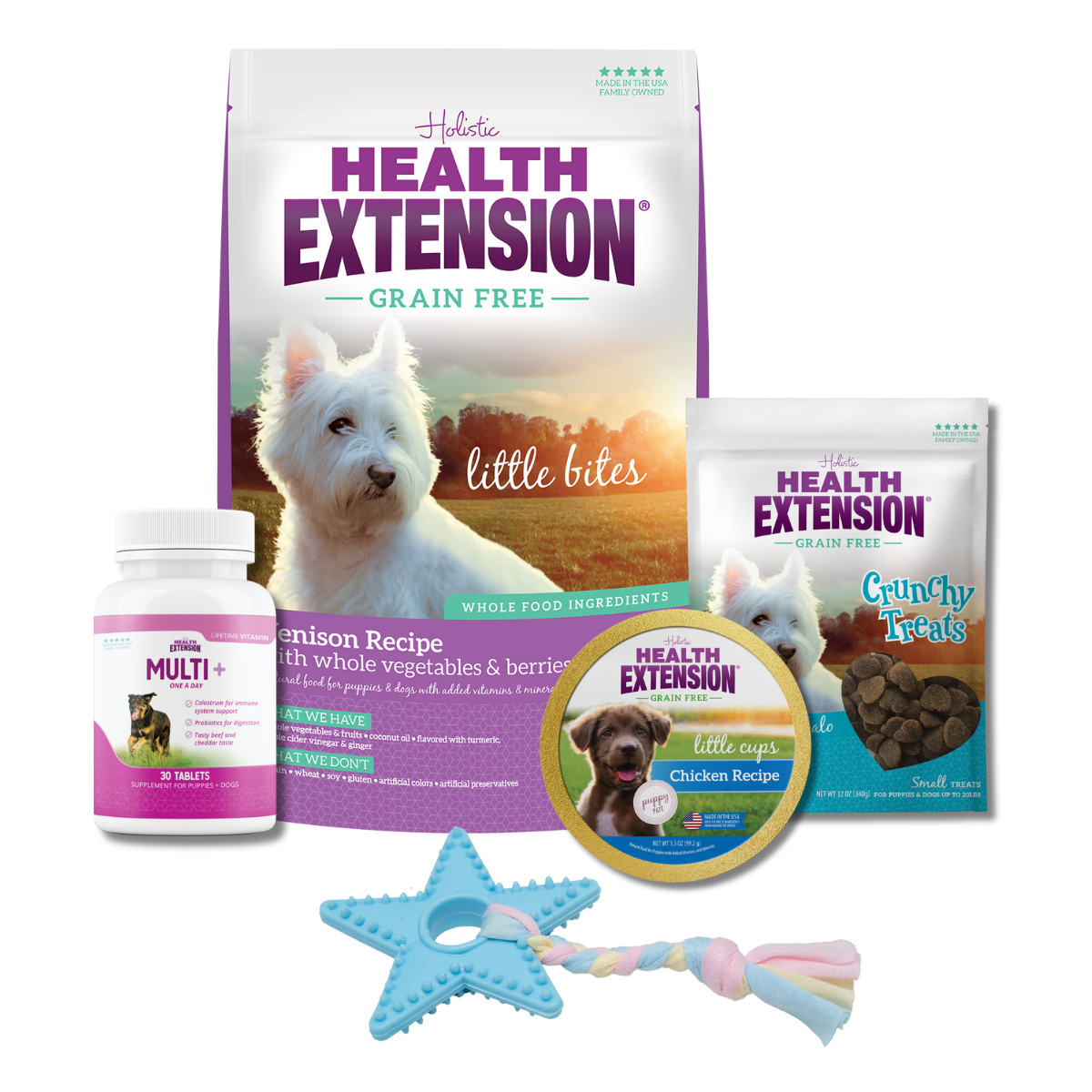Complete Puppy Bundle: Bag of Health Extension Grain Free Venison Little Bites and variety of other dog products, including food, treats, toys, and supplements.