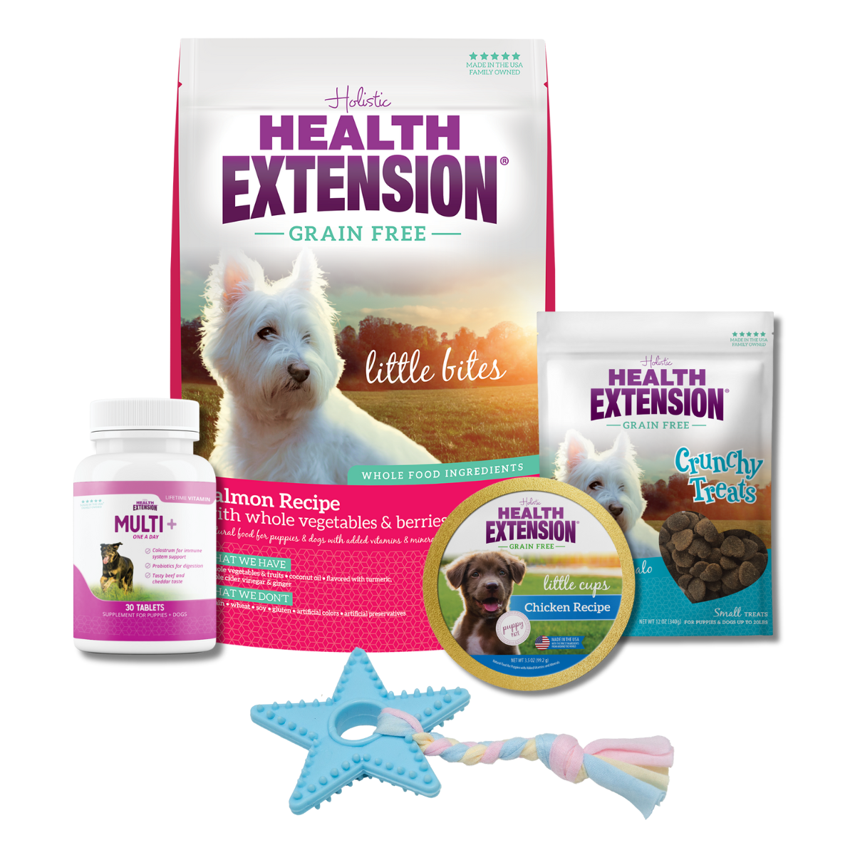 Complete Puppy Bundle: Bag of Health Extension Grain Free Salmon Little Bites and variety of other dog products, including food, treats, toys, and supplements.