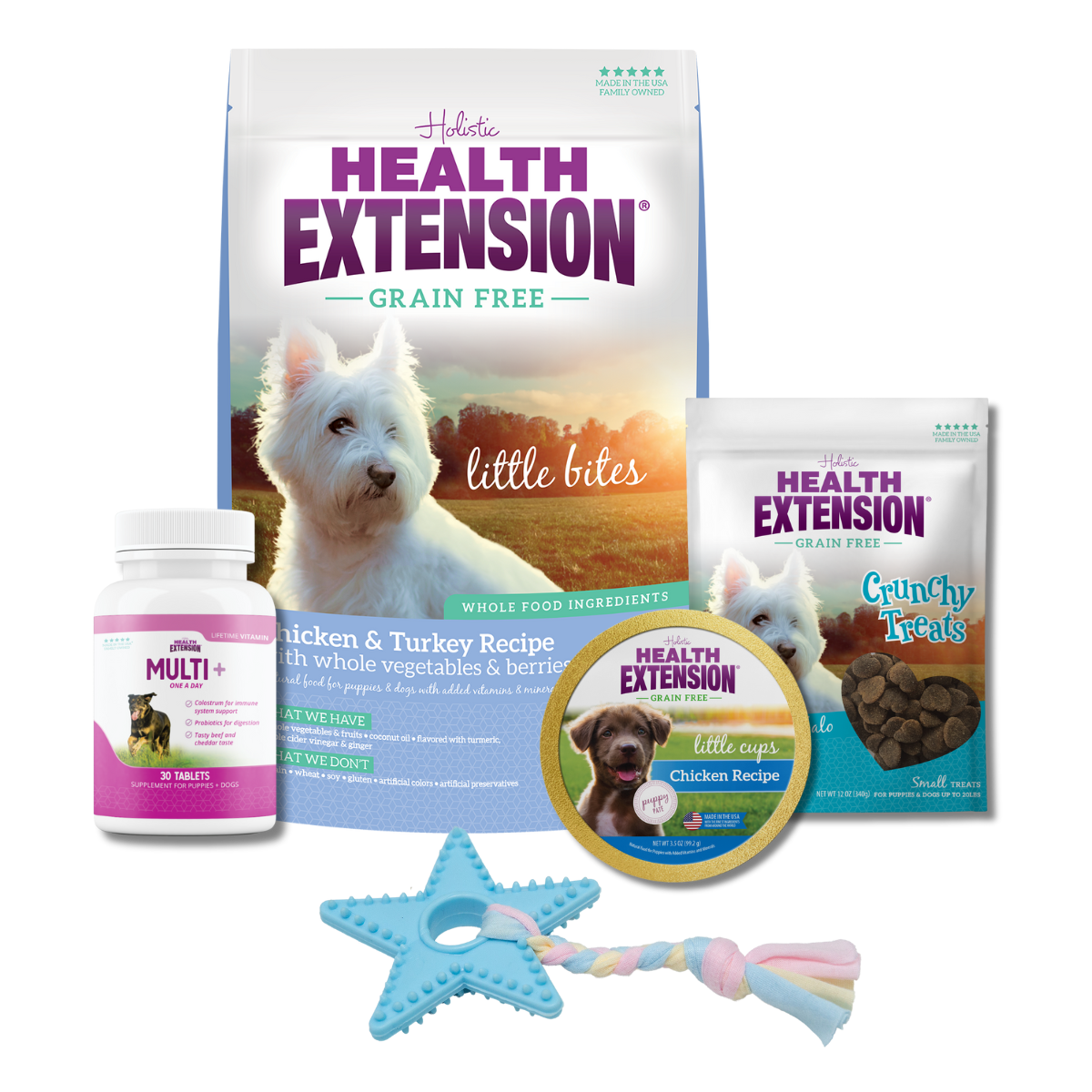 Complete Puppy Bundle: Bag of Health Extension Grain Free Chicken & Turkey Little Bites and variety of other dog products, including food, treats, toys, and supplements.