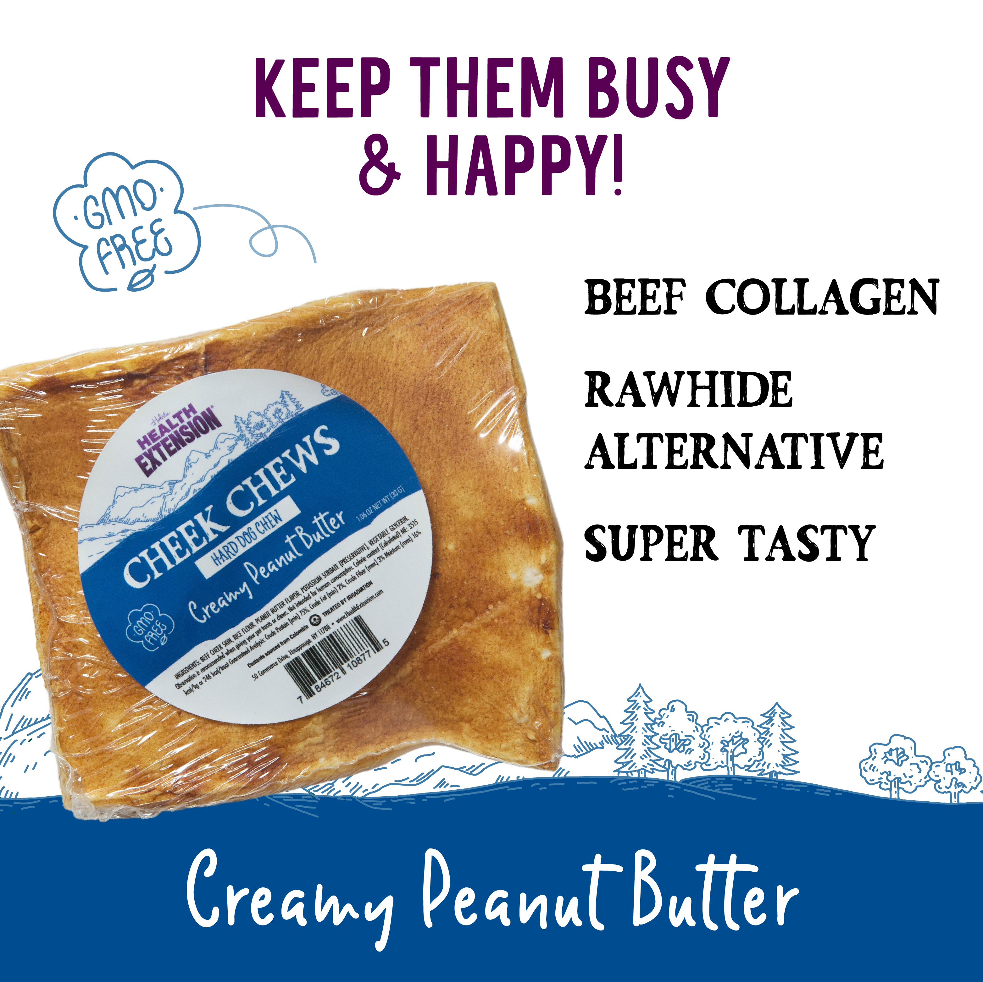 Health Extension Cheek Chew - Creamy Peanut Butter is a GMO-free dog chew treat, wrapped in plastic with a blue and white label.