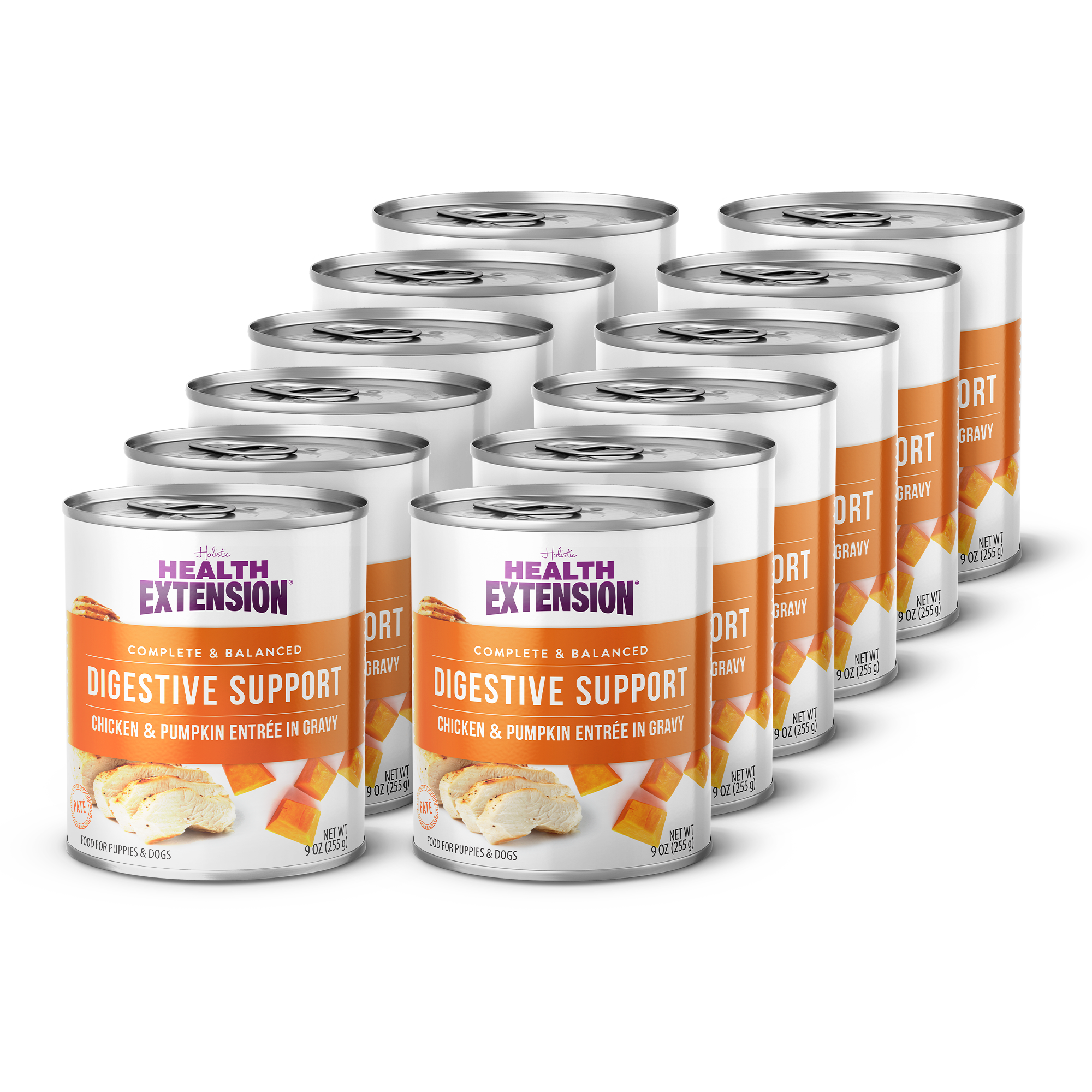 A 9oz can of Health Extension Digestive Support, Chicken & Pumpkin Entrée in Gravy, made with superfoods for dogs, suitable for puppies and adults. The label shows chicken slices and pumpkin cubes.