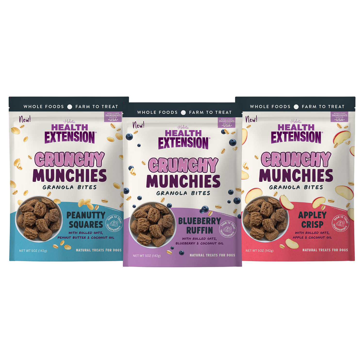 The Health Extension Crunchy Munchies Variety Pack features three bags of wholesome, human-grade dog treats in Peanutty Squares, Blueberry Ruffin, and Appley Crisp flavors, each made with natural ingredients and fun shapes.