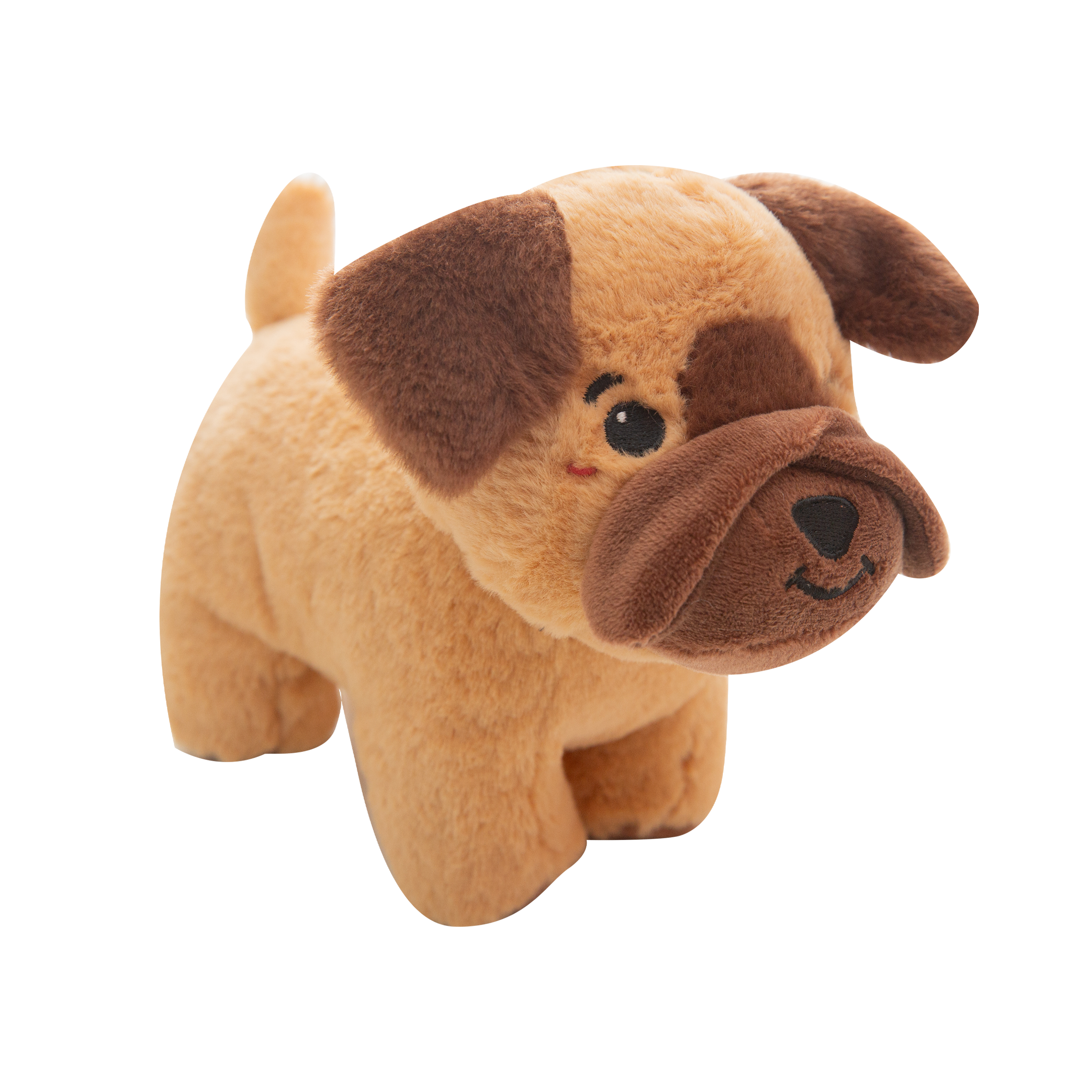 Chewie by Snugarooz is a plush dog toy with light brown fur, dark brown ears and snout, and black stitched eyes and mouth. Eco-friendlyโmade from recycled water bottlesโit's perfect for small to medium dogs.
