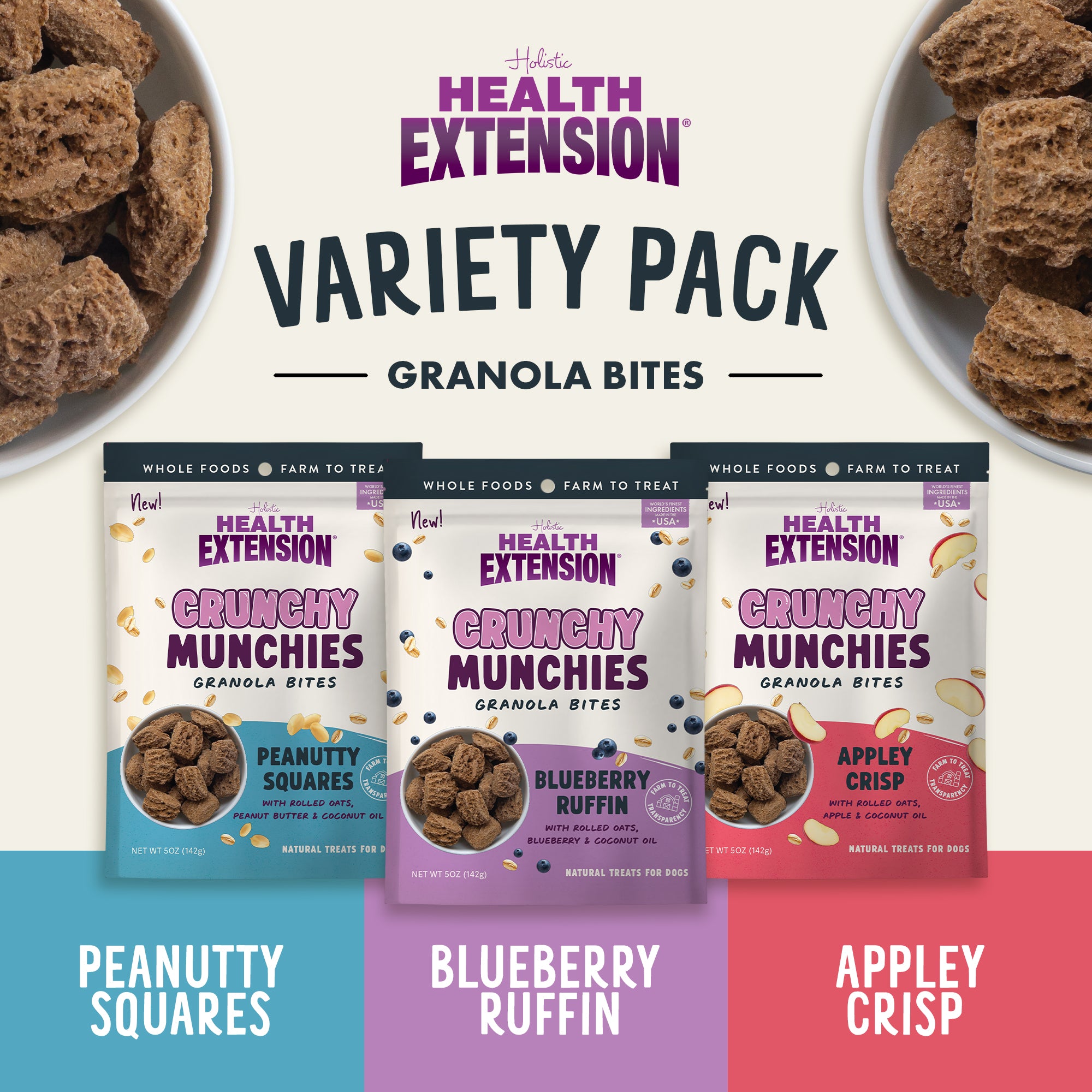 The Health Extension Crunchy Munchies Variety Pack features three bags of wholesome, human-grade dog treats in Peanutty Squares, Blueberry Ruffin, and Appley Crisp flavors, each made with natural ingredients and fun shapes.