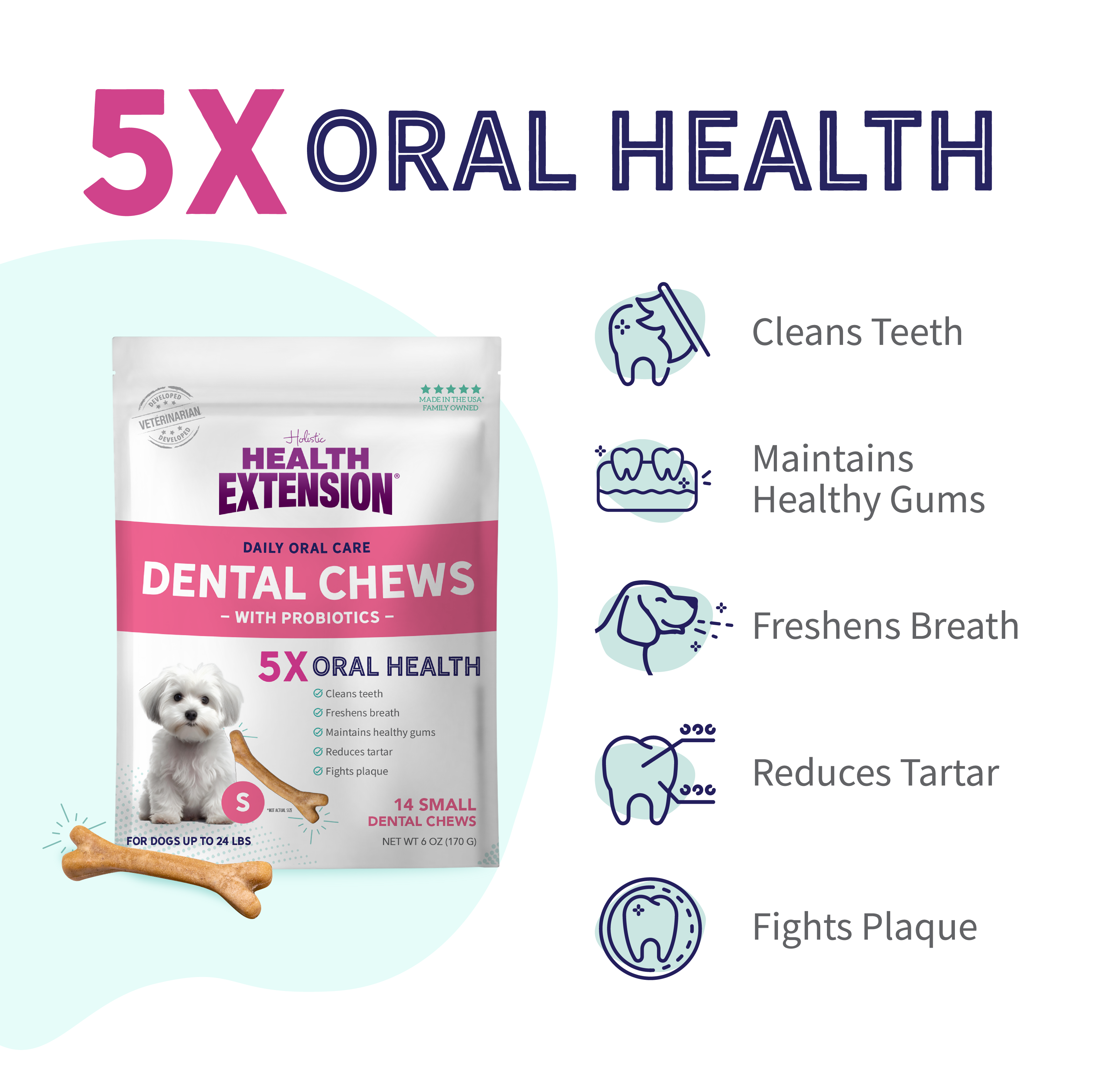 Health Extension Probiotic Dental Bones for dogs are shown in white and pink packaging featuring a small white dog, a chew, and text highlighting 5X oral health and probiotics. Each pack contains 14 chews that support digestive health.