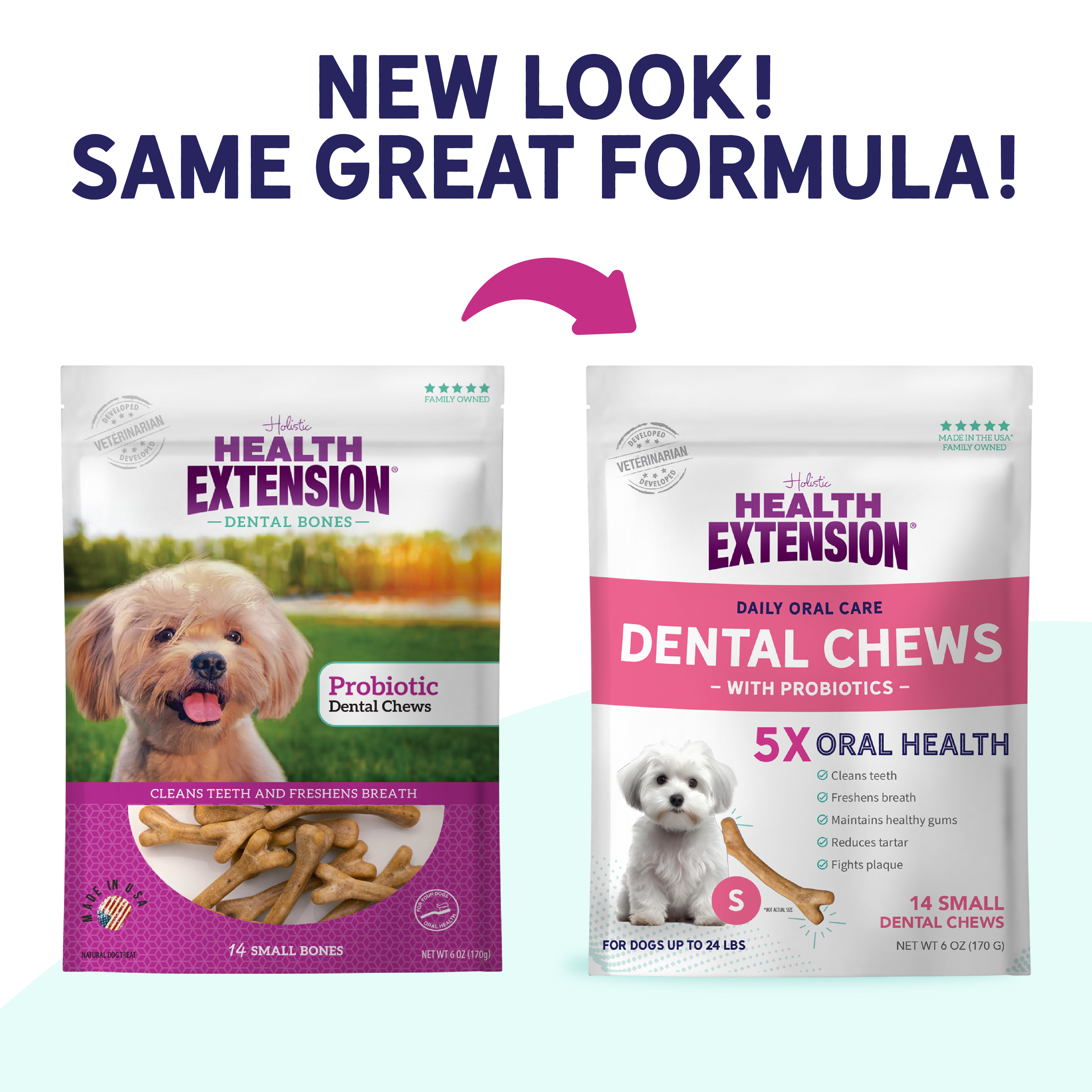 Health Extension Probiotic Dental Bones for dogs are shown in white and pink packaging featuring a small white dog, a chew, and text highlighting 5X oral health and probiotics. Each pack contains 14 chews that support digestive health.