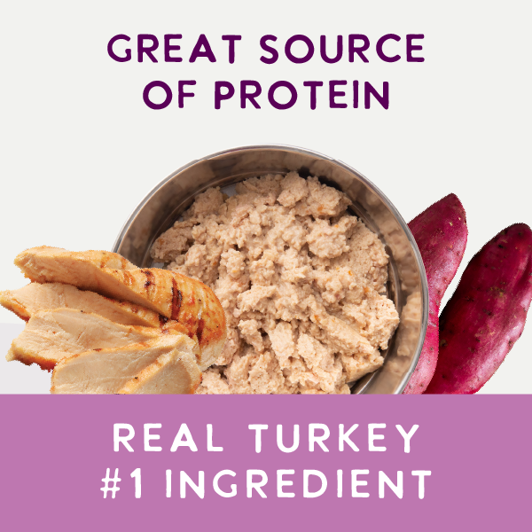 A 9oz can of Health Extension Digestive Support, Turkey & Sweet Potato Entrée in Gravy promotes digestive health for puppies and dogs. Features images of turkey and sweet potato on the label. Net weight: 255 g.