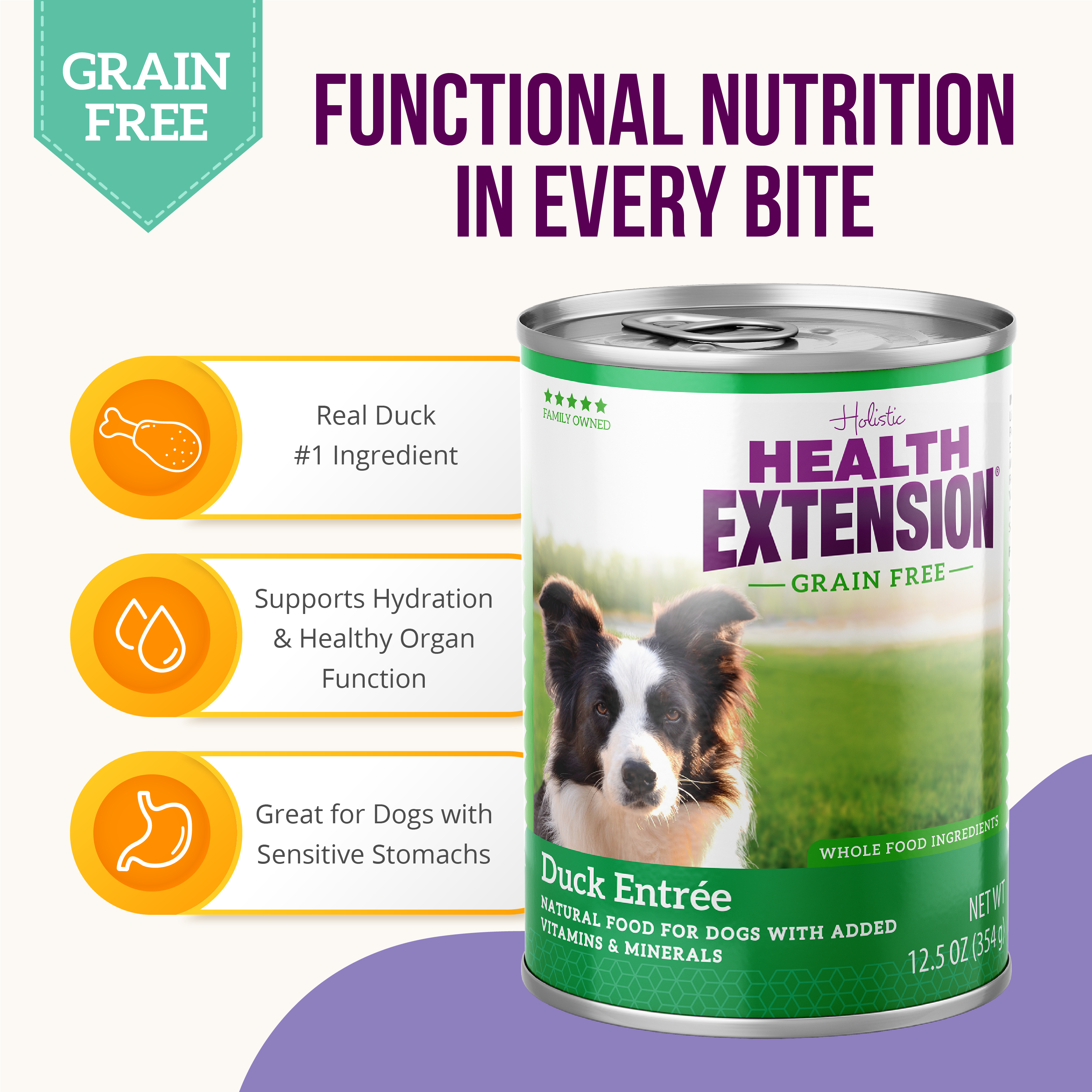 A 12.5 oz can of Health Extension Grain Free Duck Entree, a limited ingredient dog food featuring natural ingredients with added vitamins and minerals, shown with a black and white dog on a grassy background.