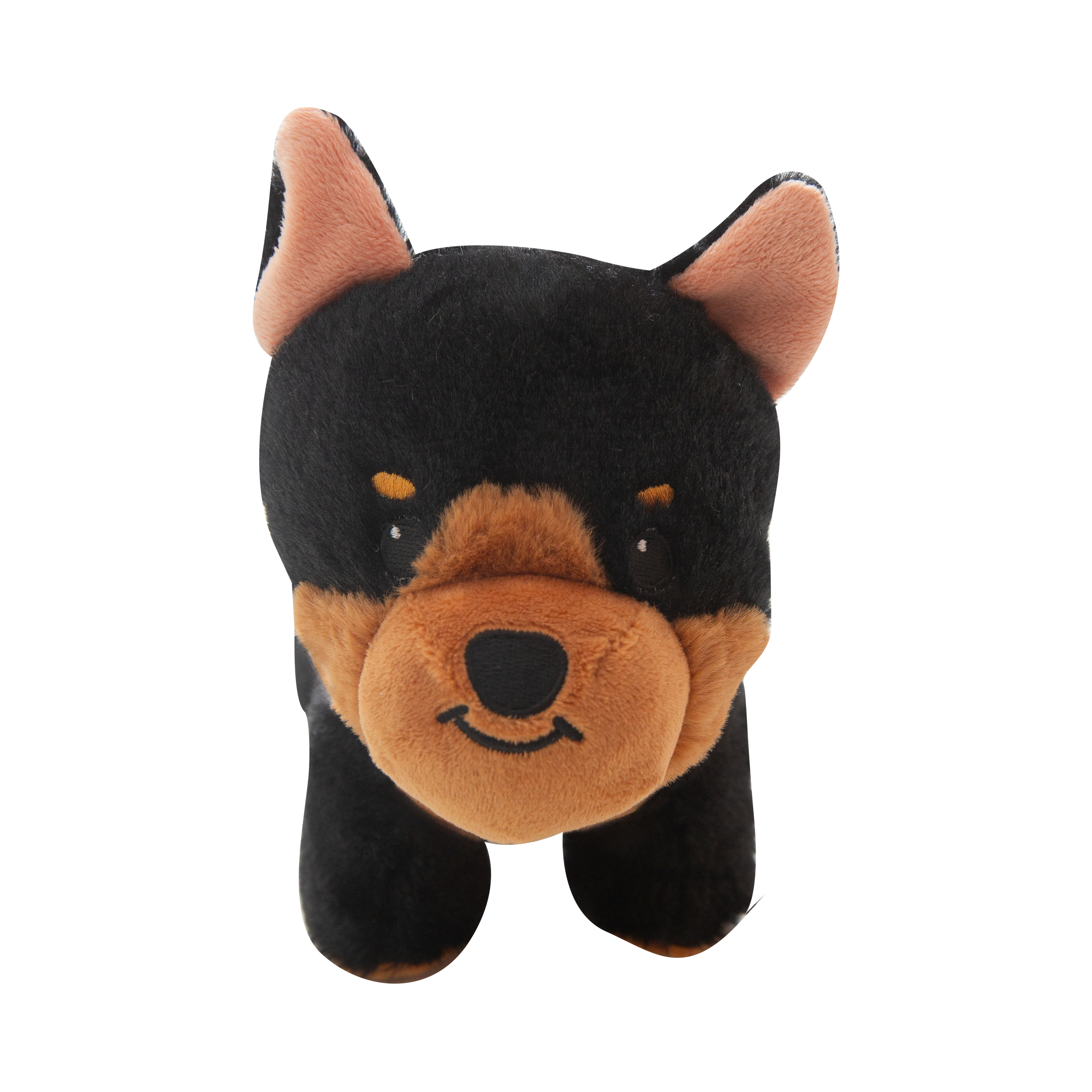 The Snugarooz Diesel plush dog toy features a black and brown pup with upright ears, a rounded snout, and a friendly smile, shown facing forward against a plain white background.