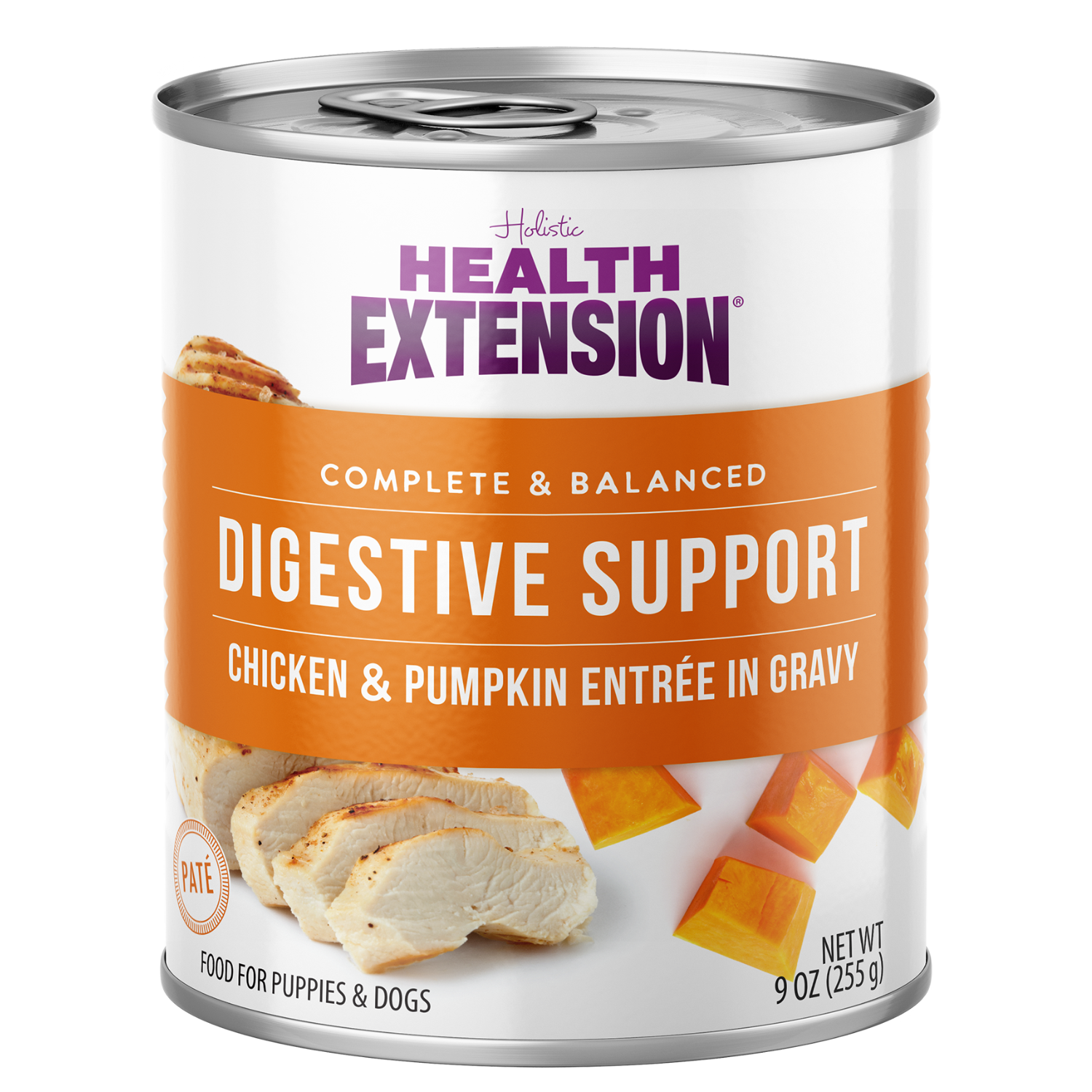 A 9oz can of Health Extension Digestive Support, Chicken & Pumpkin Entrée in Gravy, made with superfoods for dogs, suitable for puppies and adults. The label shows chicken slices and pumpkin cubes.