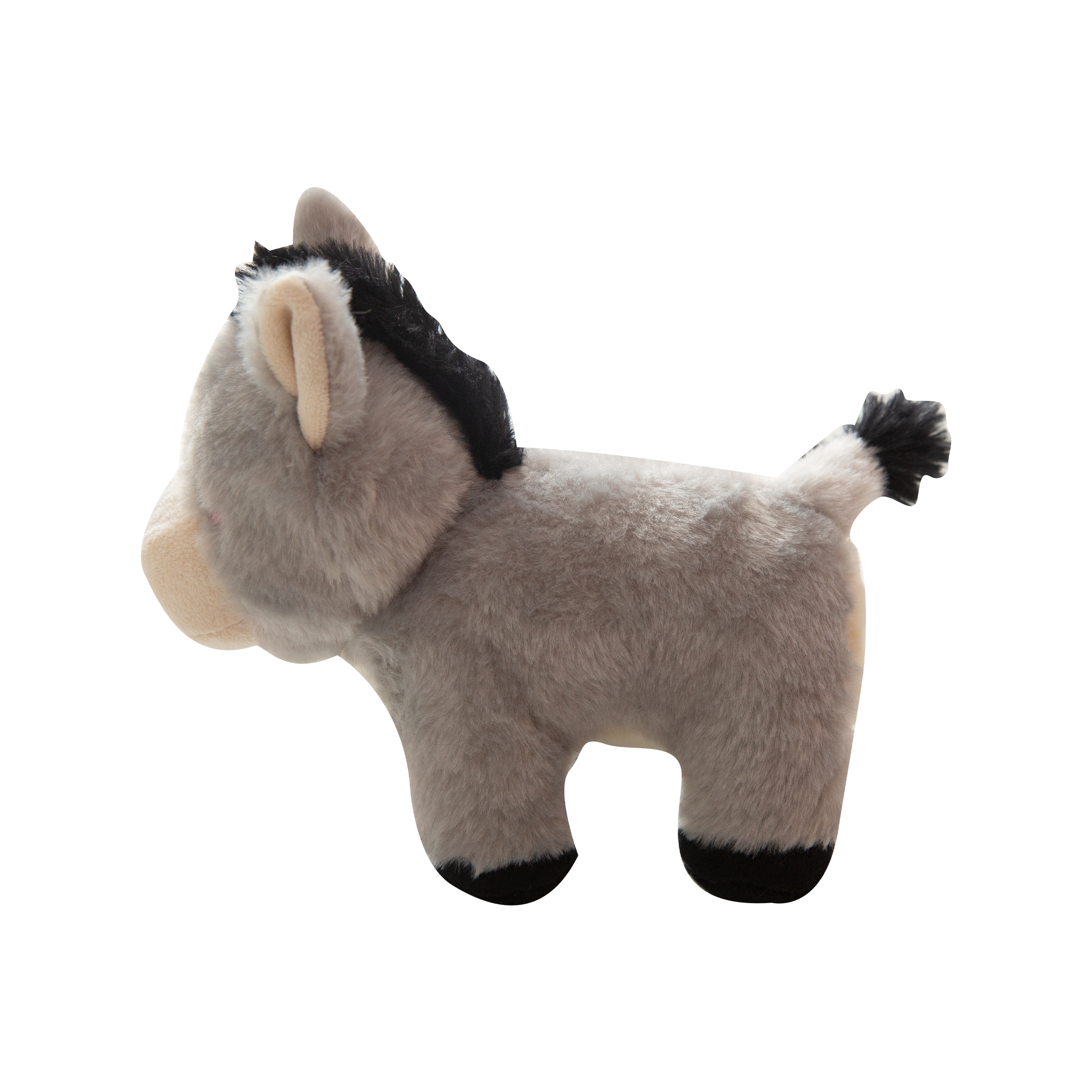 The Snugarooz Donk-eee is a soft, gray plush dog toy shaped like a donkey, featuring a smiling face, embroidered eyes, black mane, and two large front teeth. It stands upright against a white background.